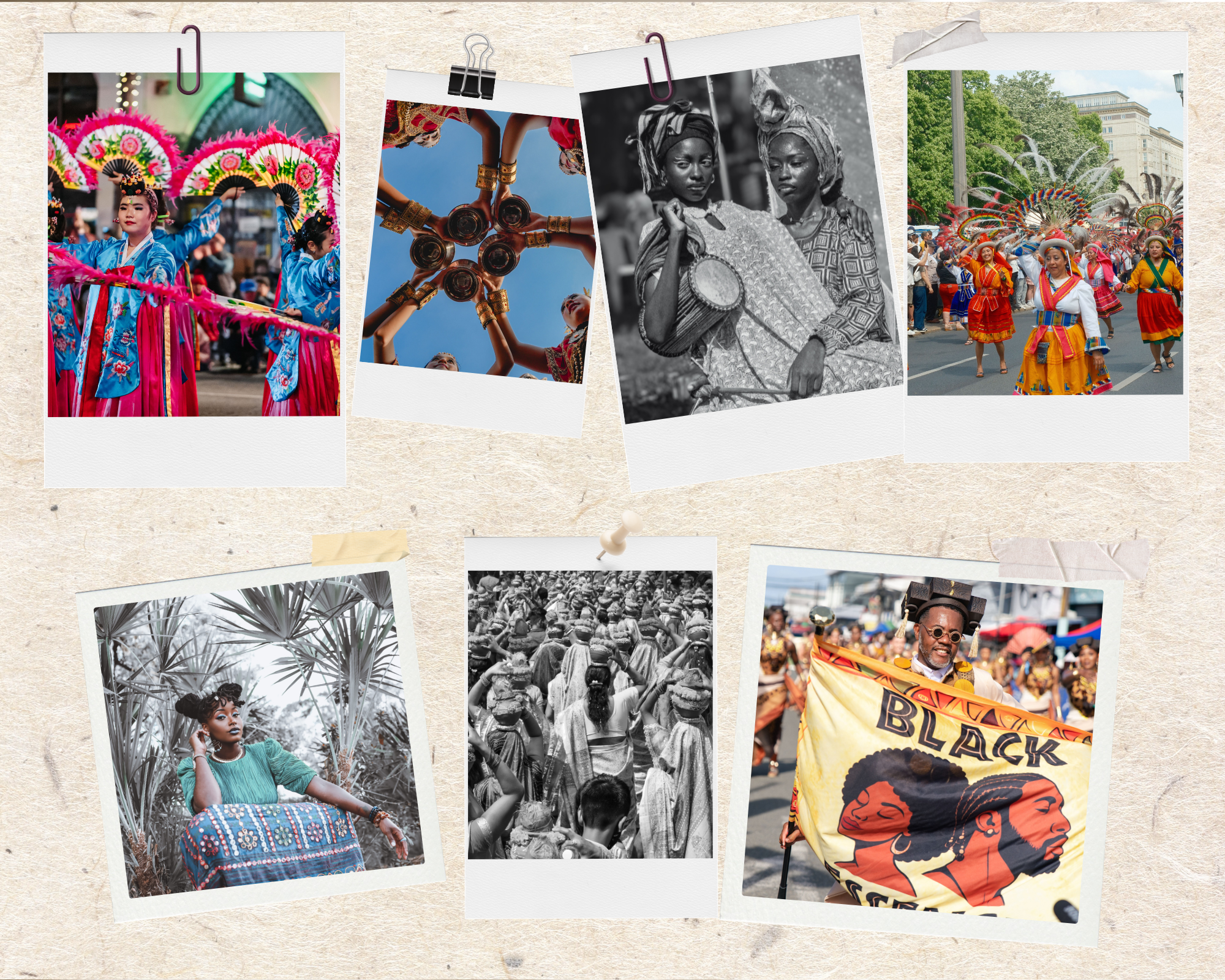 Scrapbook-style collage featuring cultural festivals, traditional dress, archival portraits, and vibrant Black parade celebrations.
