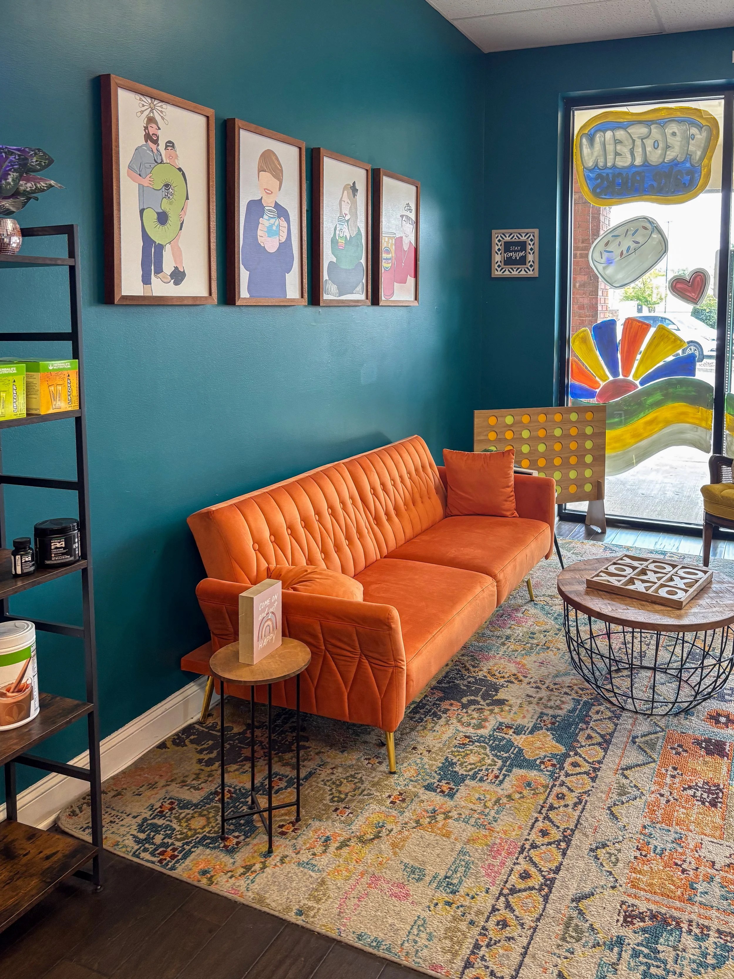 Orange couch / colorful lounge area