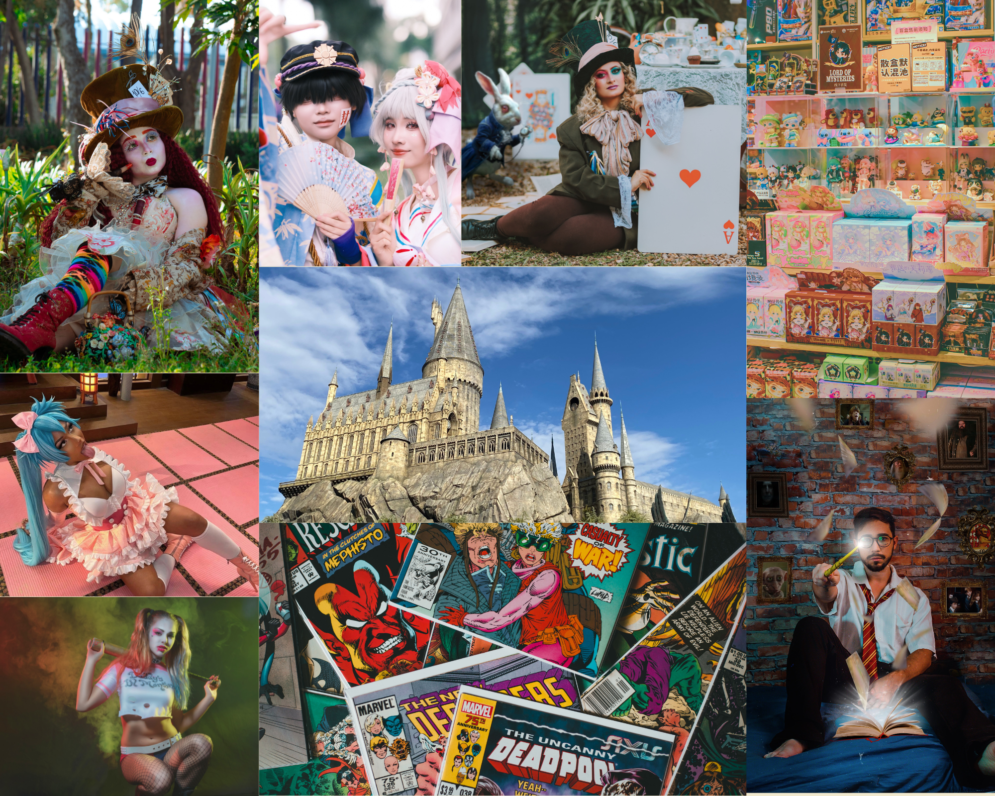 Collage featuring fantasy cosplayers, Hogwarts castle, comic books, character collectibles, and a man casting a spell with a wand.