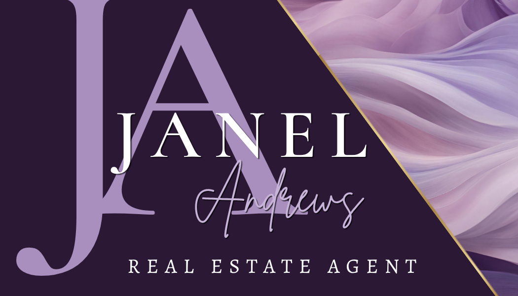 Real estate agent logo for Janel Andrews, with purple and lavender colors, large stylized initials 'JA', and a background of purple and lilac flowing fabric.