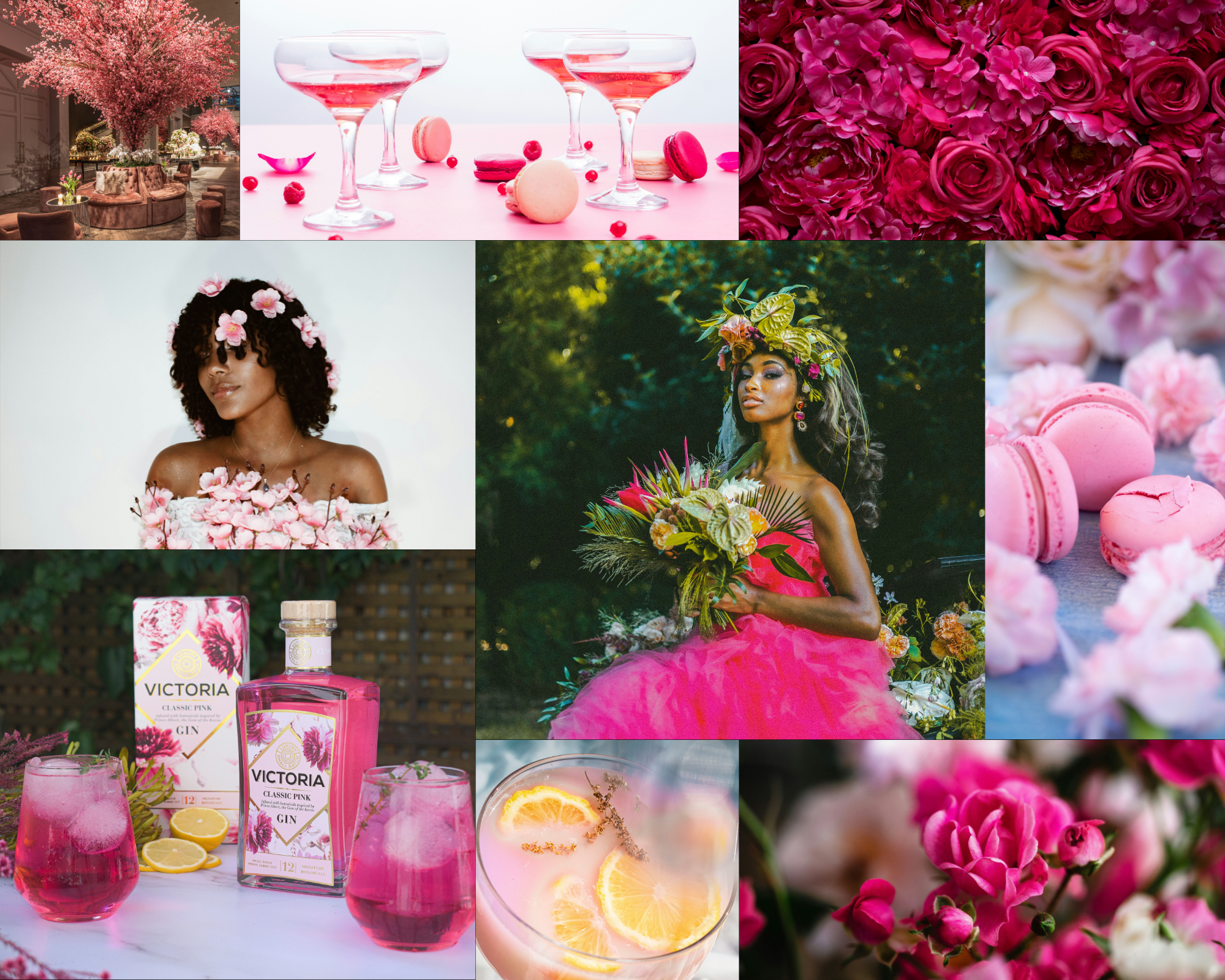 Multiple images in a collage featuring pink flowers, pink macarons, pink gin bottles, pink beverages, and a woman with flowers in her hair and wearing a pink dress, surrounded by flowers and greenery.