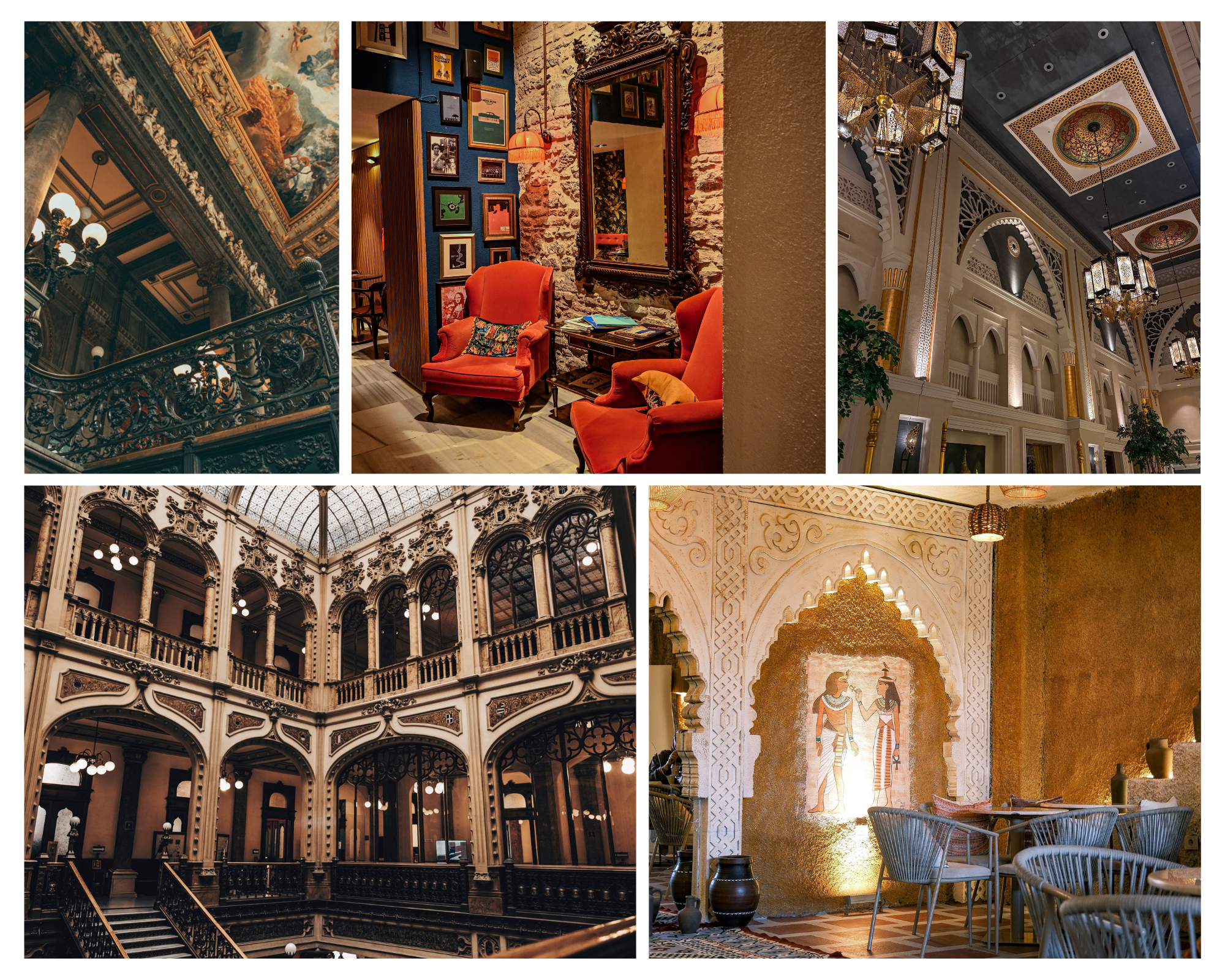 Collage of ornate historic architecture and interiors featuring grand staircases, carved ceilings, arched halls, framed artwork, and warm golden details.