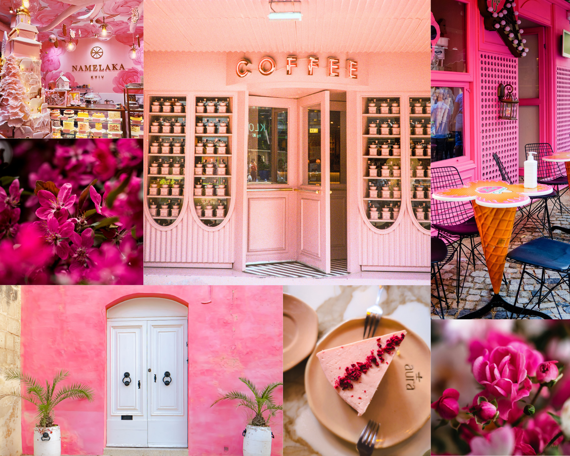 Pink-themed collage featuring a pastel bakery, coffee shop, café terrace, vibrant flowers, colorful doorway, and slice of pink cake.
