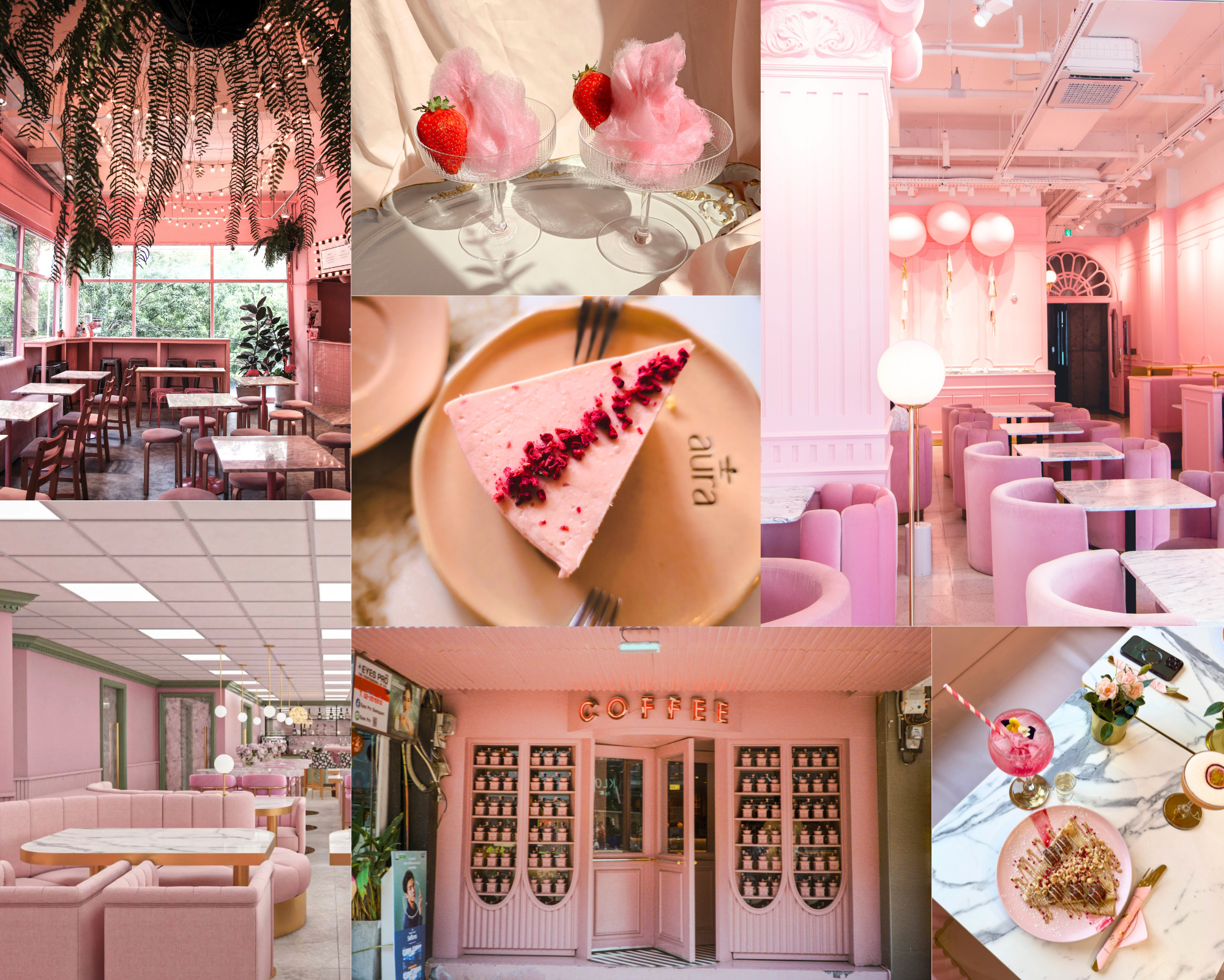 Collage of pink cafés featuring pastel interiors, cotton‑candy drinks, marble tables, pink seating, and vibrant café exteriors, showcasing aesthetic pink dining spaces.