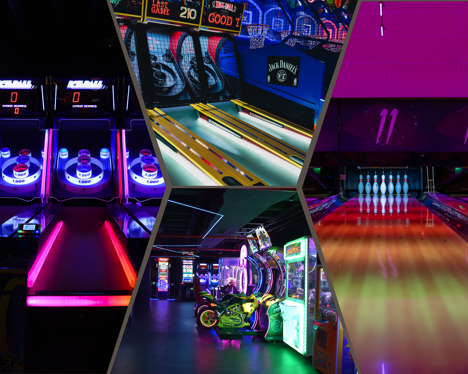 Collage of arcade interiors featuring colorful LED lighting, gaming machines, and illuminated entertainment spaces.