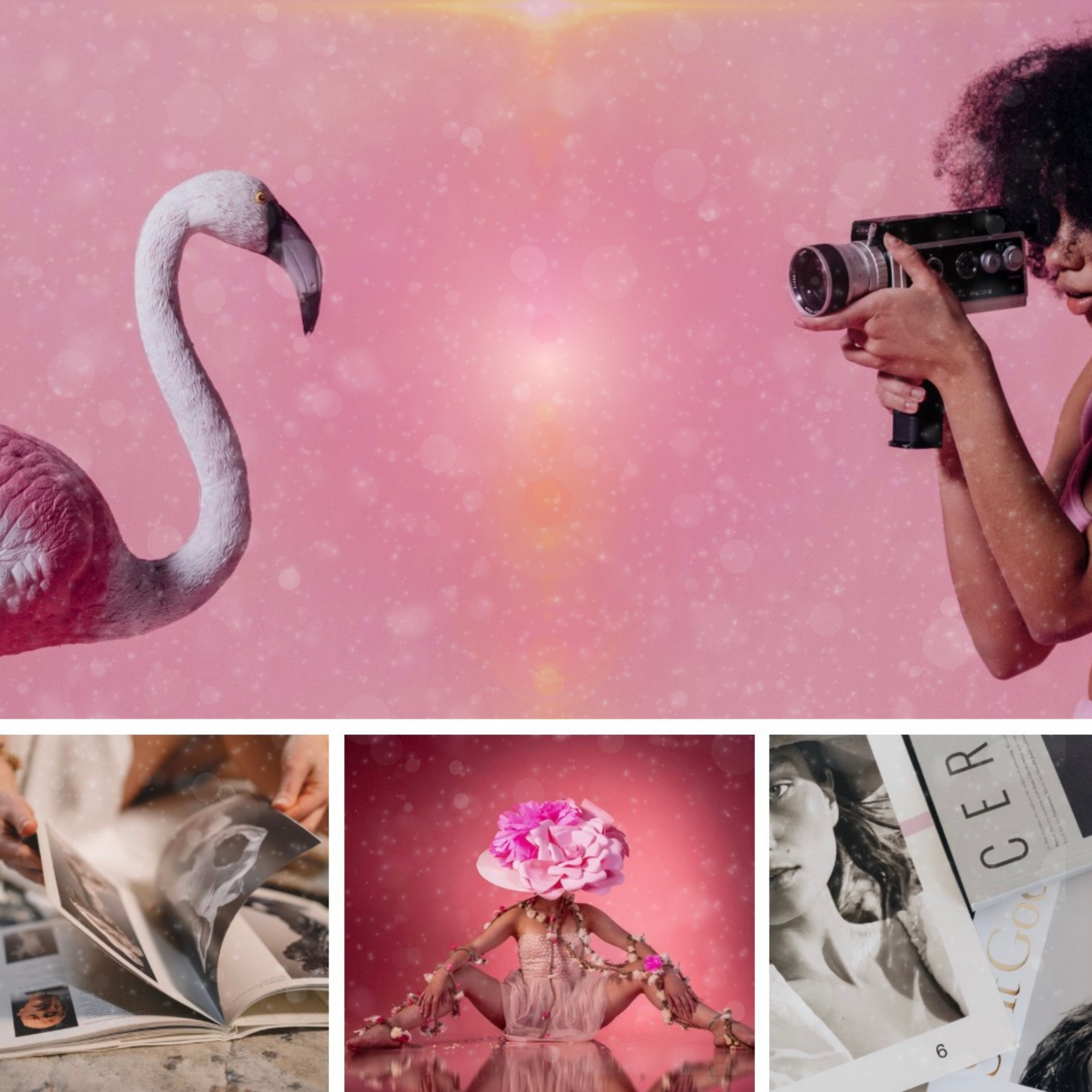 A woman with curly hair holding a vintage camera photographing a person in a pink dress adorned with flowers, with a pink background featuring bokeh effects.