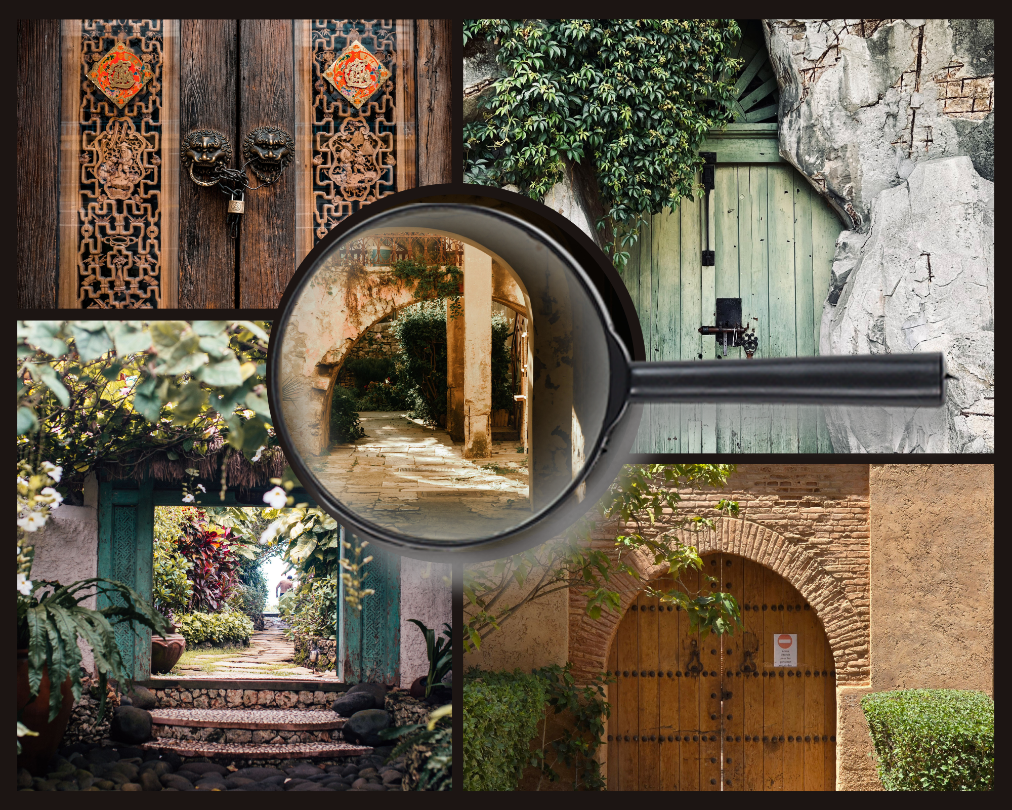 Collage of ornate doors, ivy-covered entrances, garden pathways, and a sunlit stone passage revealed through a magnifying glass.