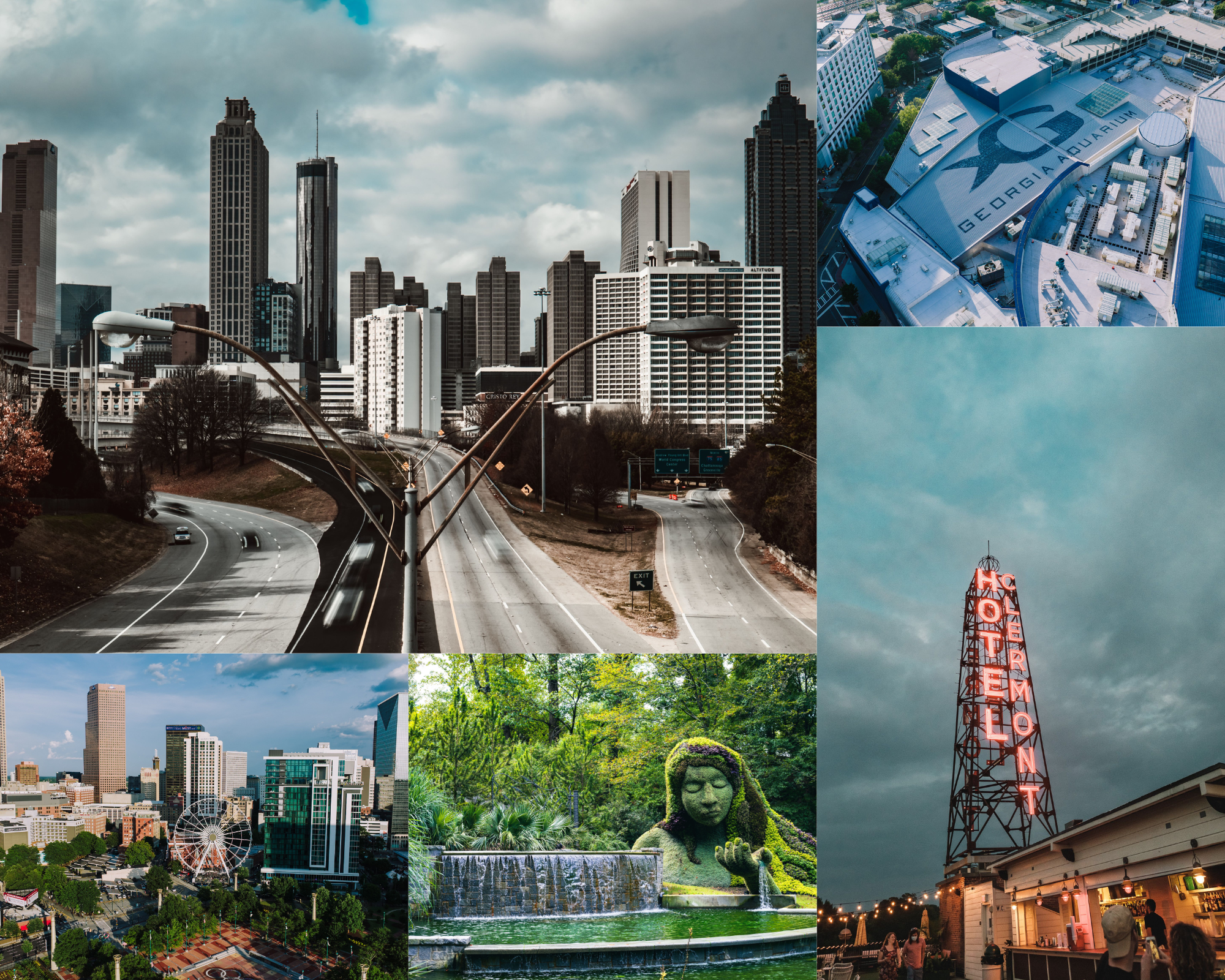 Atlanta skyline and city landmarks including Downtown Atlanta, the Georgia World Congress Center, Atlanta Botanical Garden, Ferris wheel, and Hotel Clermont sign, reflecting the city's evolving travel and cultural scene.
