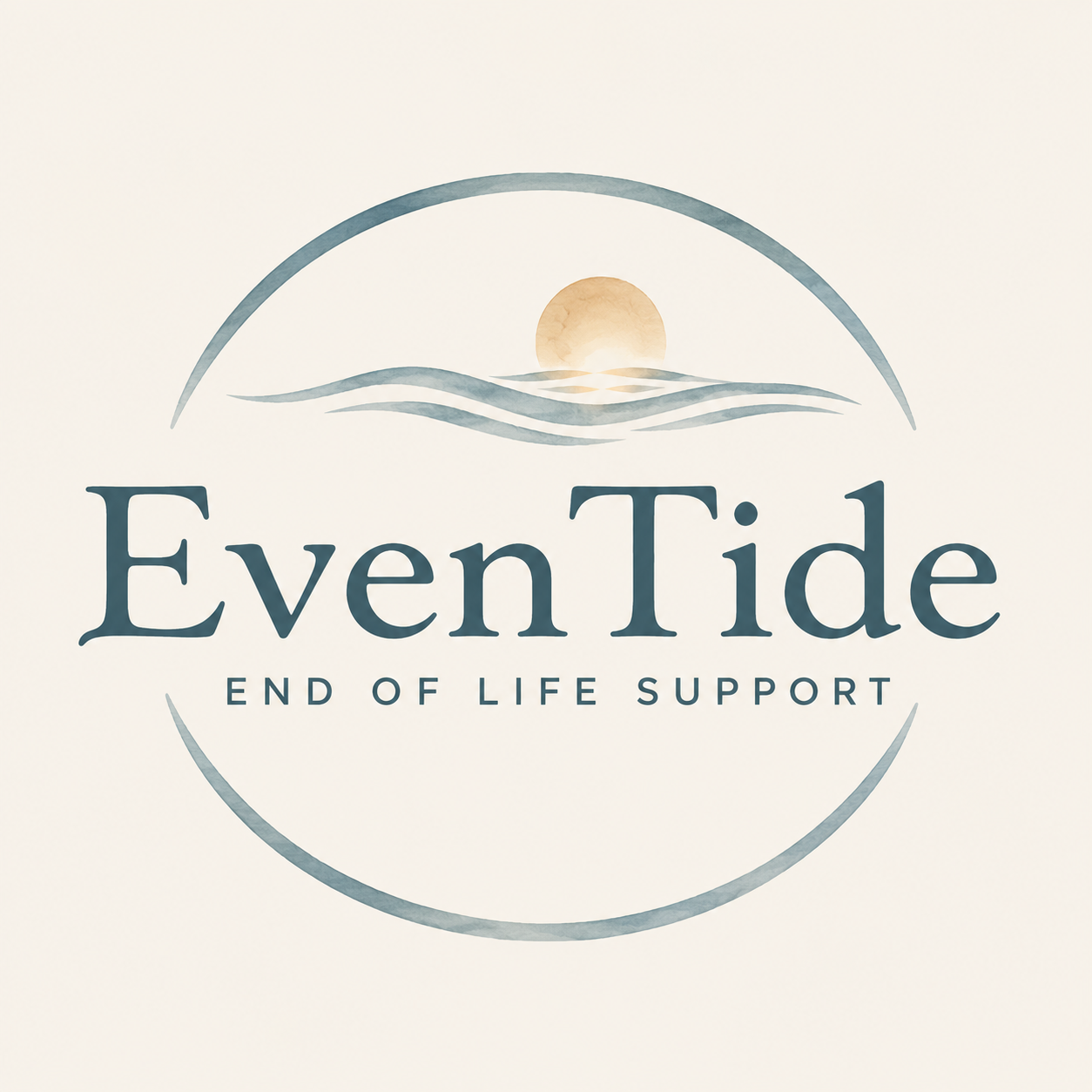Logo for EvenTide with a stylized sunset over water and the tagline "End of Life Support."