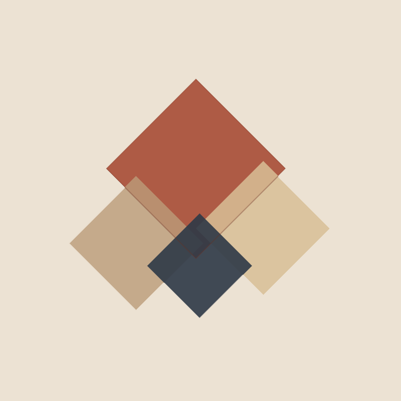 Abstract geometric design with overlapping squares in shades of brown, beige, and black on a light beige background.