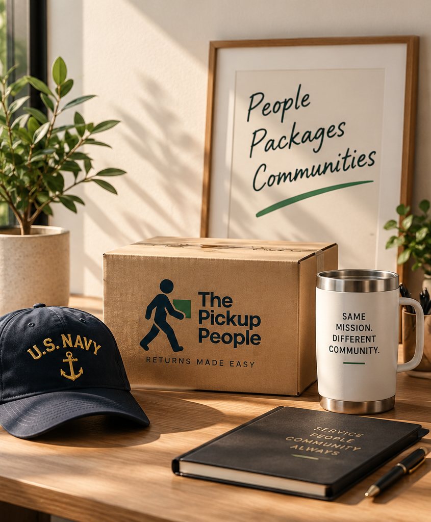 A framed sign on a table reads 'People, Packages, Communities.' There is a cardboard box with 'The Pickup People' logo, a U.S. Navy cap, a stainless steel mug with the text 'Same mission. Different community,' a black notebook labeled 'Service People Community Always,' and a pen on the table, with potted plants and sunlight in the background.