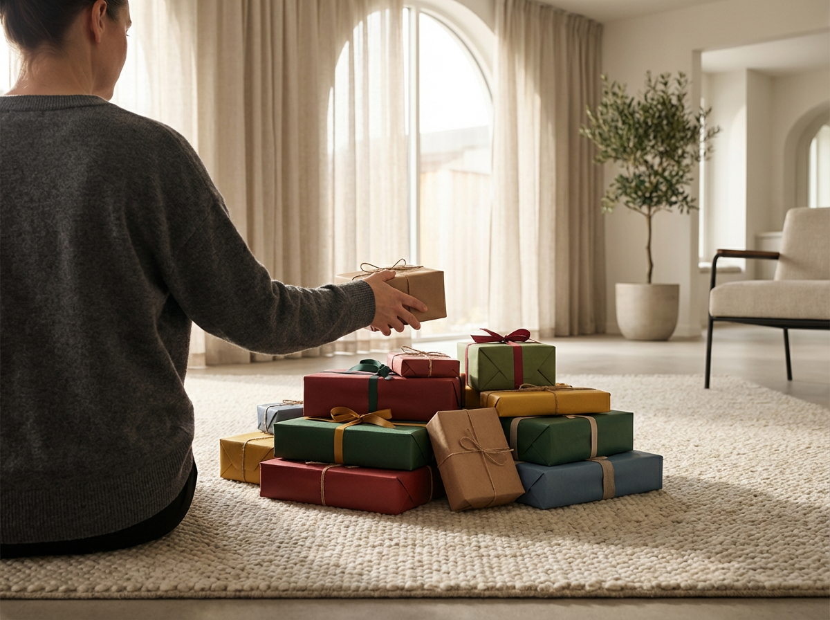 Person organizing Christmas presents wrapped in colorful paper and ribbons on a beige carpet in a living room with large windows and curtains.