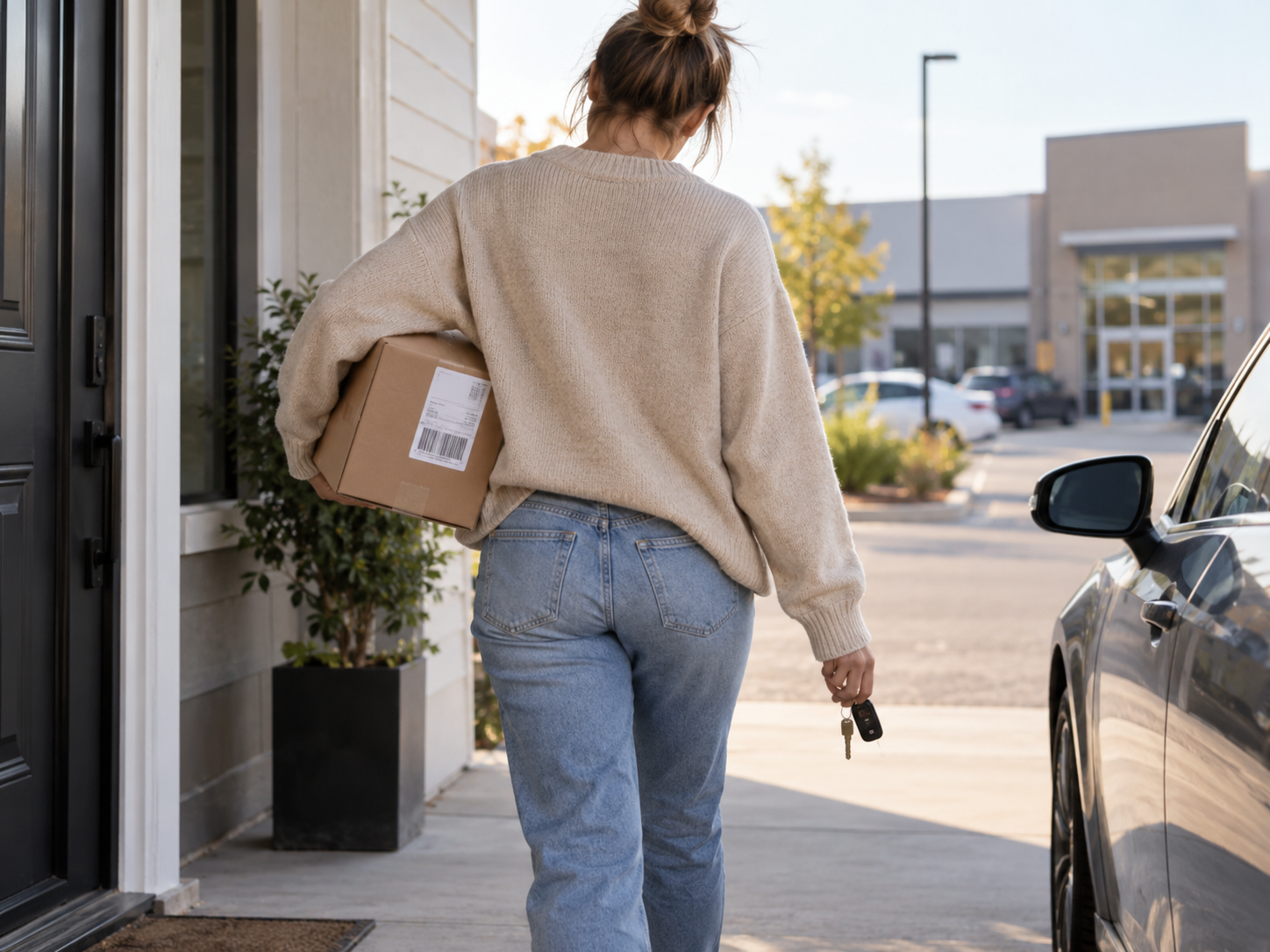 A woman with a beige sweater and jeans is walking away from a building, carrying a cardboard box and a set of car keys in her right hand, near a parked car.