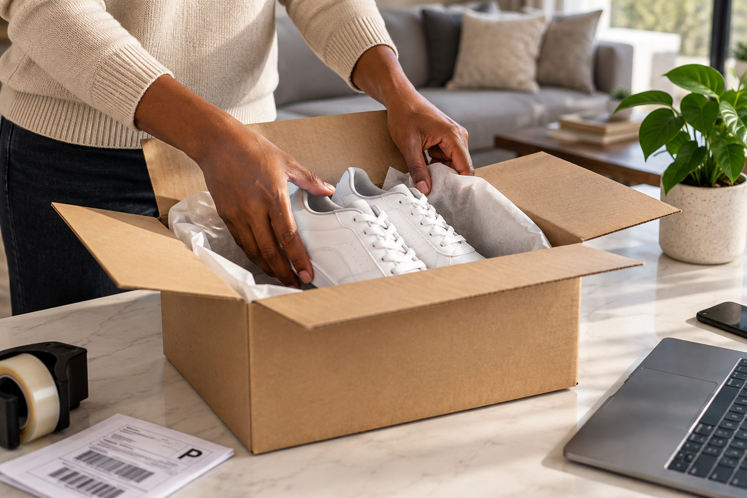 Person opening a cardboard box containing white sneakers on a table in a well-lit room with a gray sofa, potted plant, and laptop.