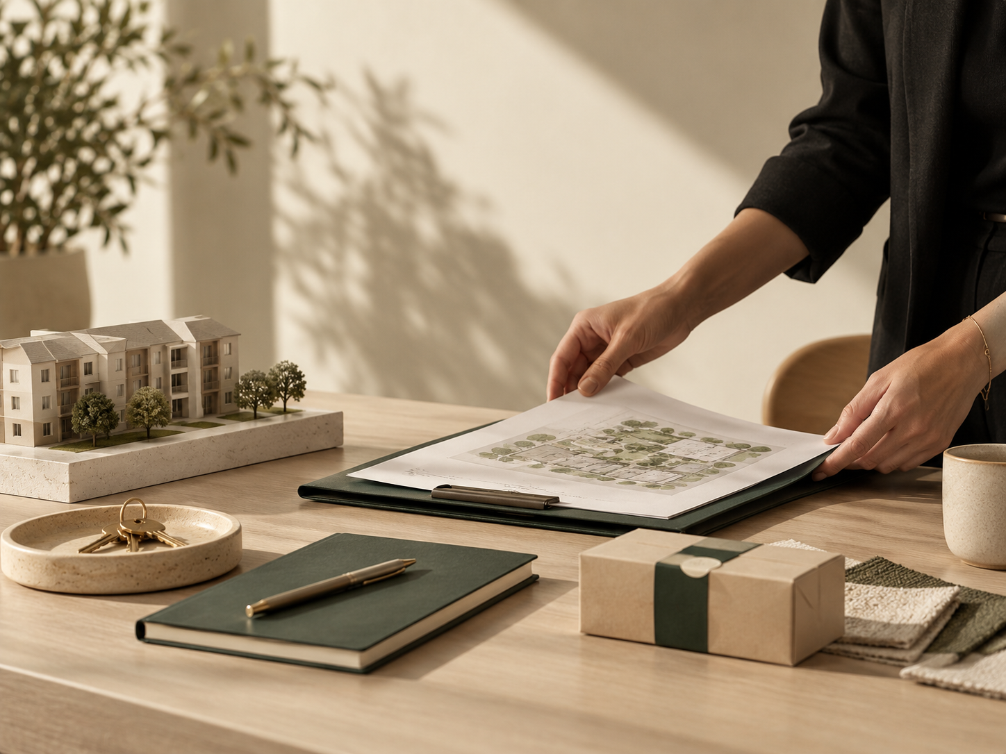 Person reviewing architectural plans on a desk with a model of a residential building and trees, notebooks, keys, and a gift box, in a well-lit interior.