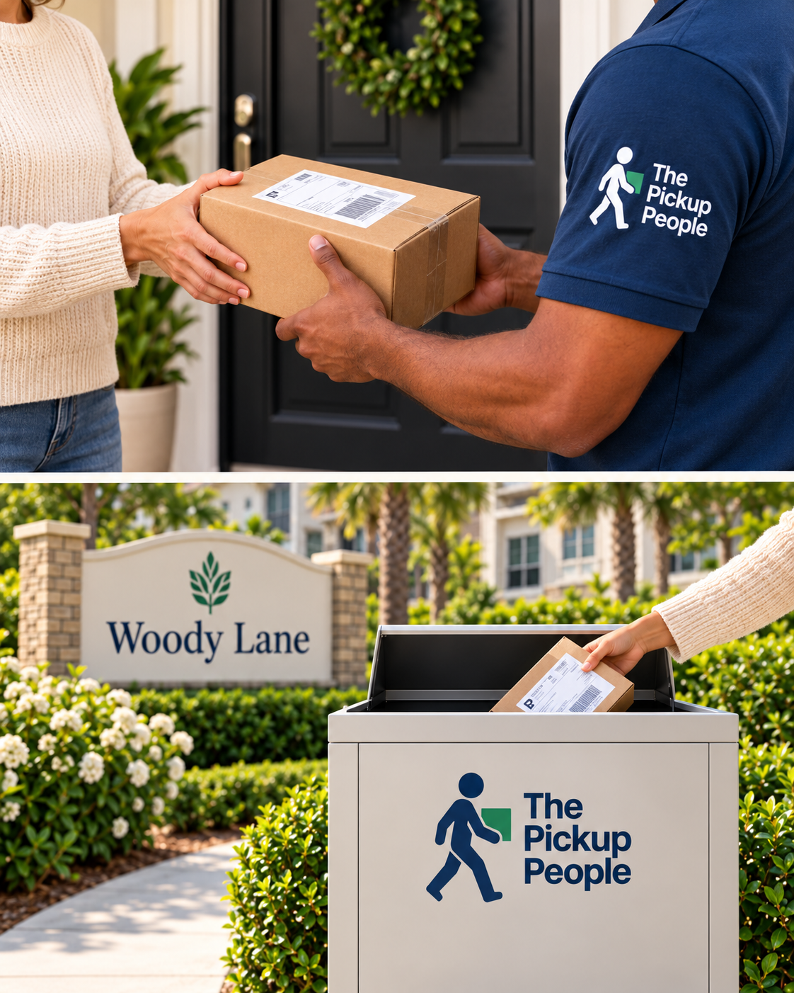 Two images showing a package pickup process. The first image shows a delivery person handing a package to a recipient at her door; the person wears a blue shirt with 'The Pickup People' logo. The second image shows the recipient placing a package into a designated pickup box outside a residential area with a sign that says 'Woody Lane,' also marked with 'The Pickup People' logo.