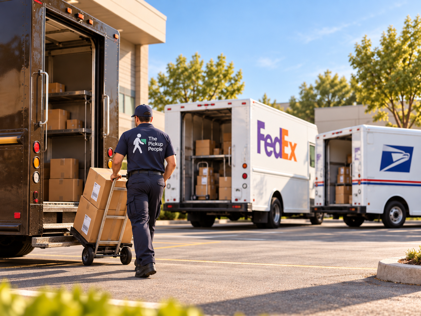 A delivery person loading boxes into a black delivery truck, with FedEx and USPS trucks in the parking lot on a sunny day.