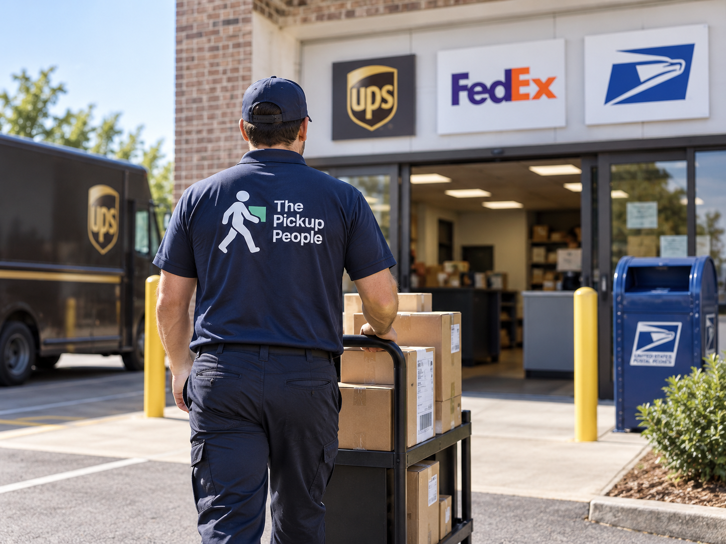 A UPS delivery person pushing a cart with packages outside a postal service store with signs for UPS, FedEx, and USPS.