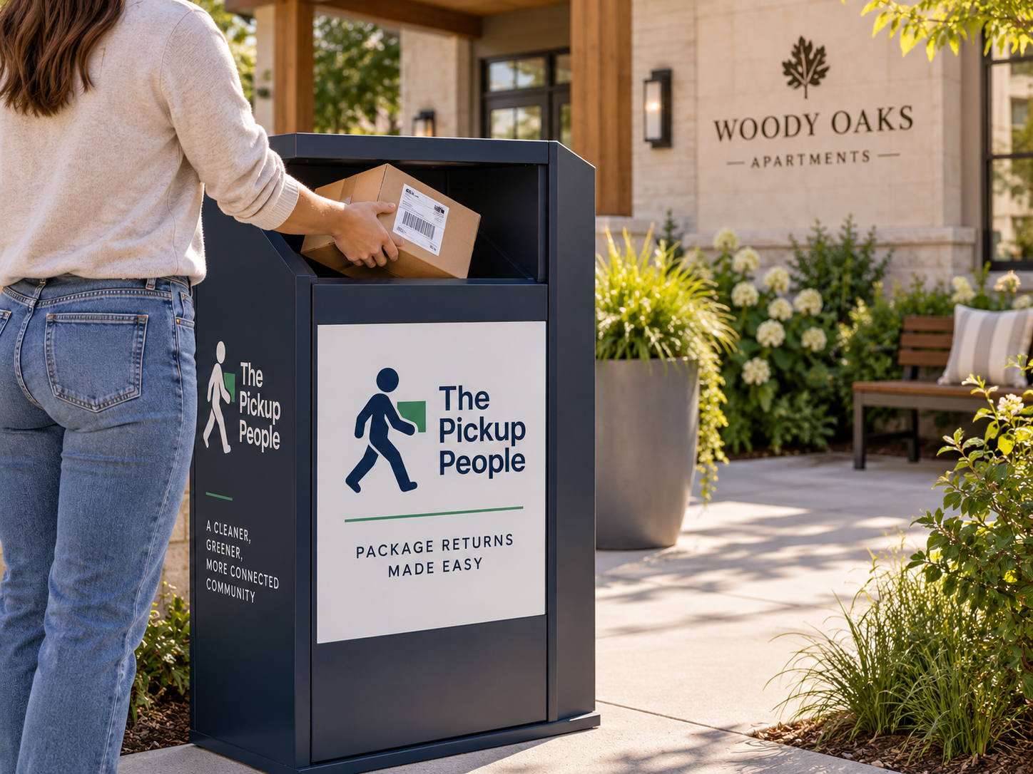 A person is returning a package at a dark-colored package drop box outside apartments named Woody Oaks. The box is labeled 'The Pickup People' and 'Package Returns Made Easy.' There are plants, flowers, a bench, and the apartment building in the background.