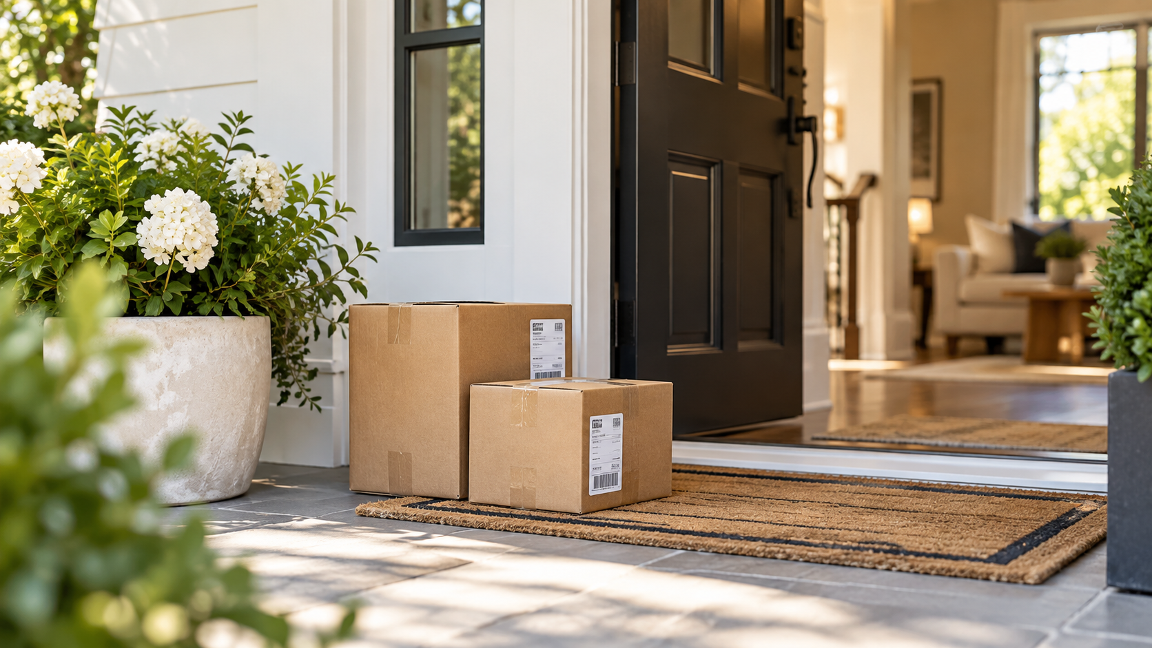 Two cardboard boxes on a welcoming front porch near the open front door of a house. A large potted white flowering plant is beside the boxes, and the interior of the home with a couch and living room decor is visible through the open door.