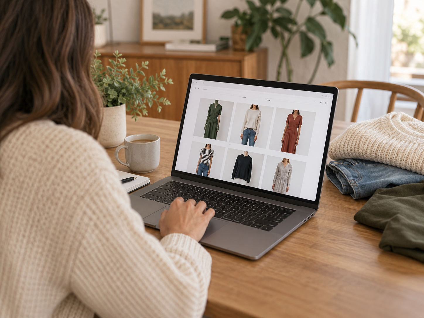 A woman in a cream sweater shopping for clothing on a laptop in a cozy, well-lit room with a mug, notebook, folded clothes, and plants.