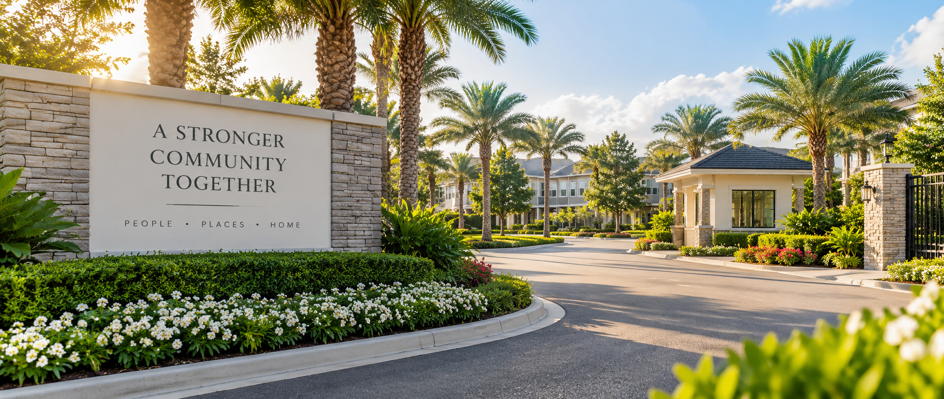Entrance of a residential community with a large sign reading 'A Stronger Community Together People, Places, Home,' surrounded by lush landscaping and palm trees.
