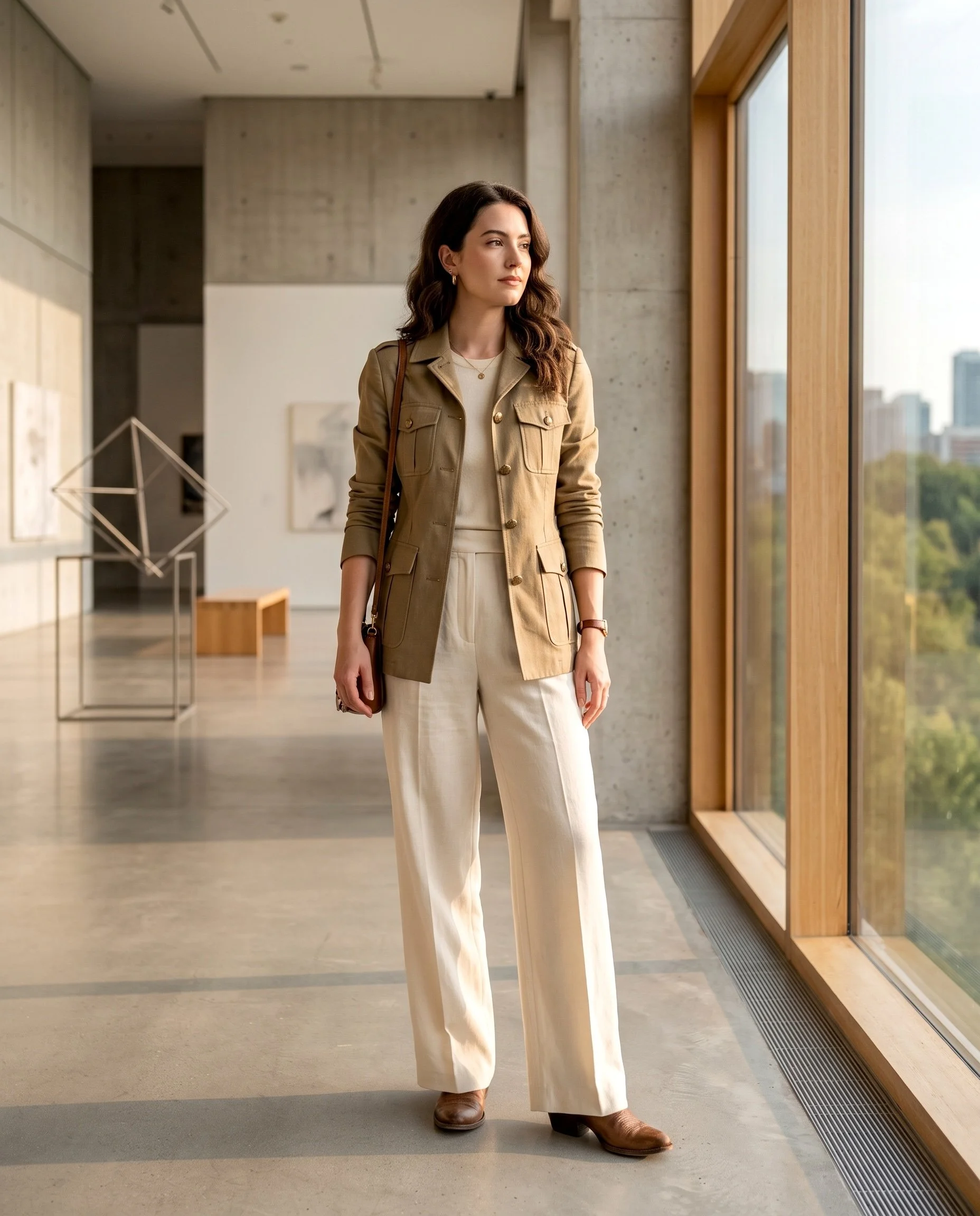 Ecru wide-leg trousers, a tailored khaki field jacket, and classic brown leather cowboy boots