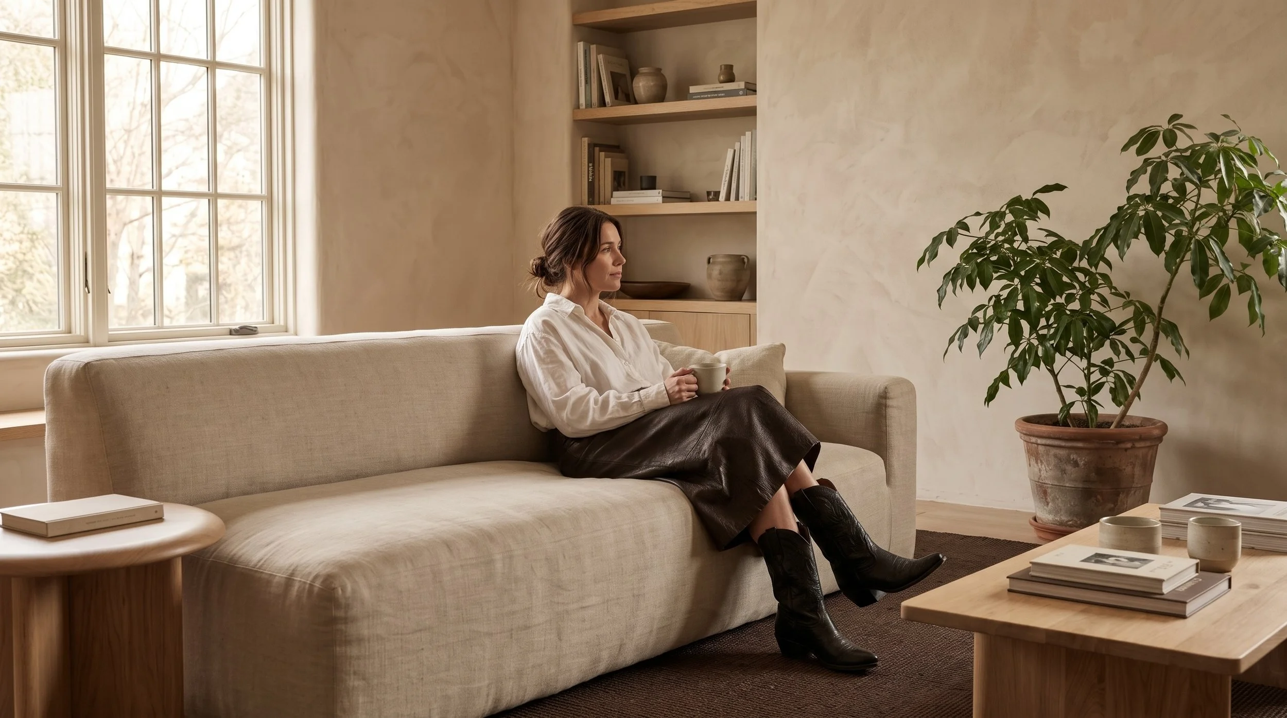 A woman is sitting in a relaxed, grounded posture on the sofa.
