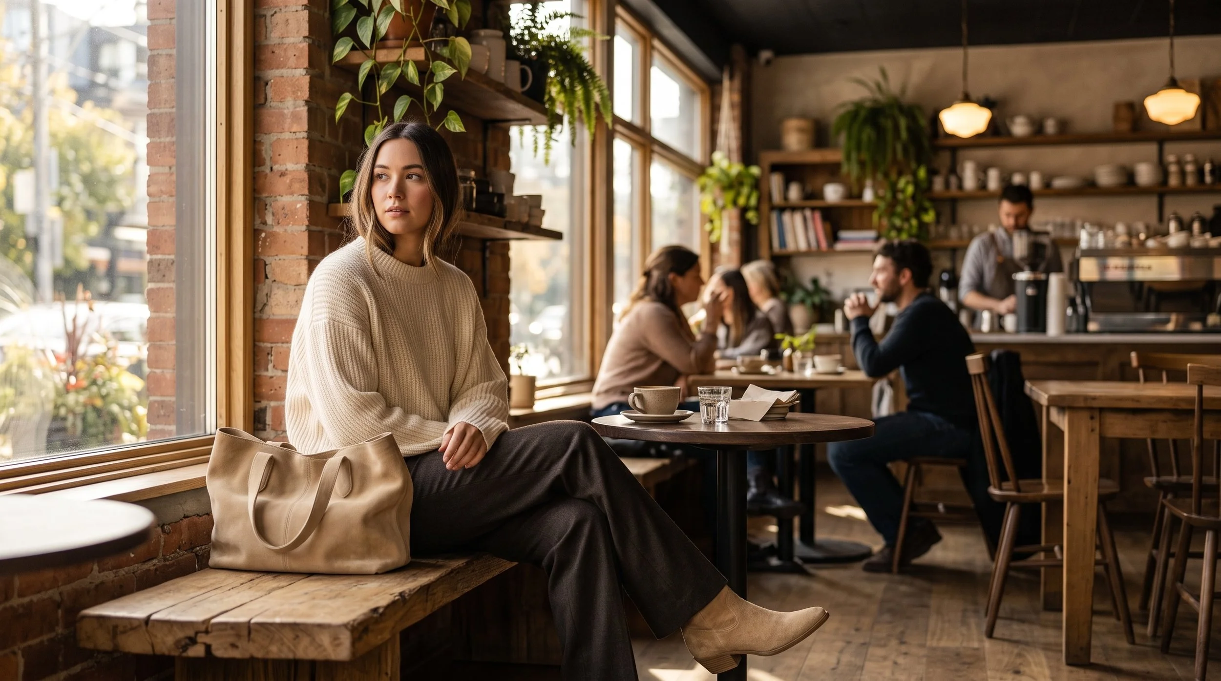 A woman sitting in a cozy, minimalist café, wearing beige suede cowboy boots