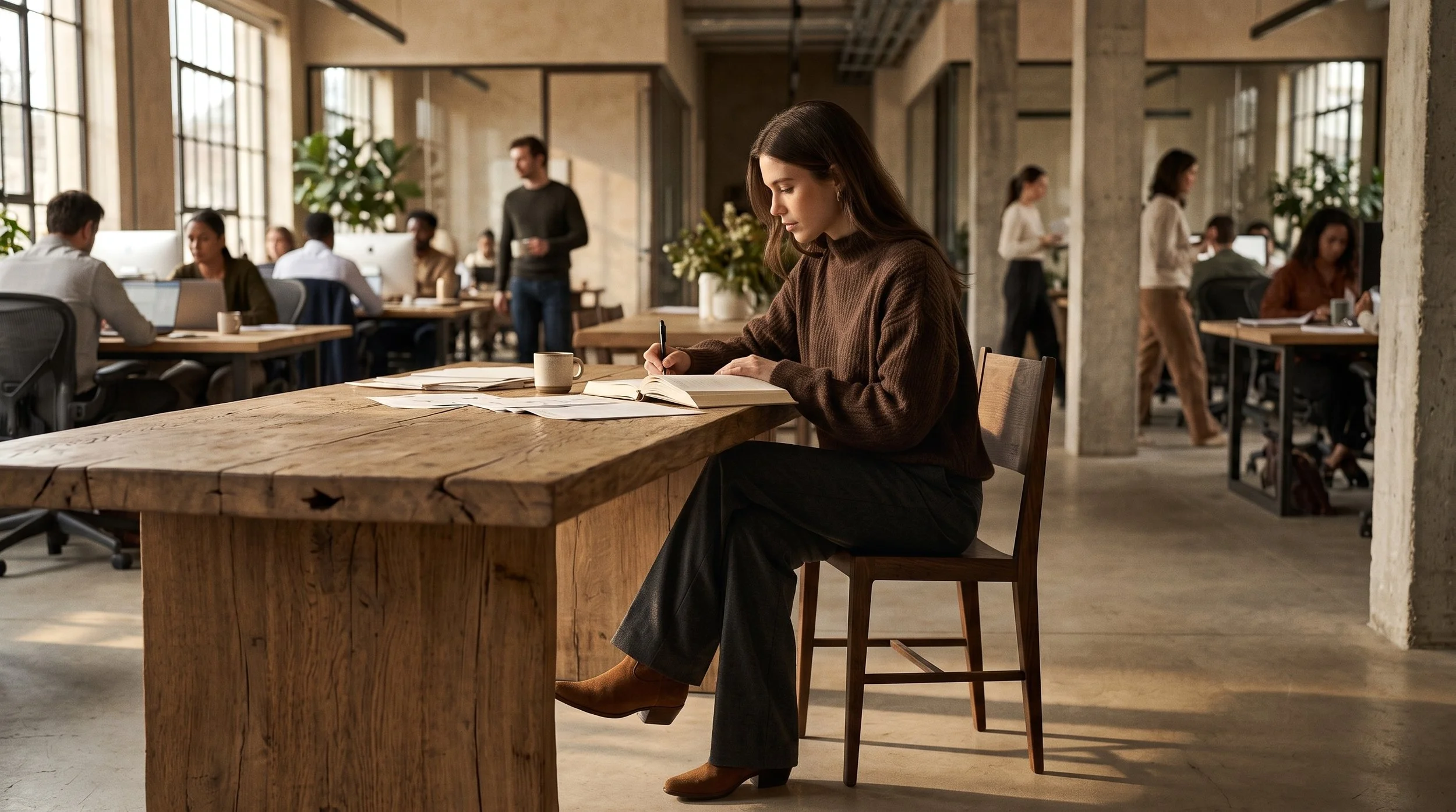 A woman sitting in a warm, minimalist architectural space at a raw solid oak table. She is deeply focused on the analog ritual of handwriting her week in a thick, premium paper planner.