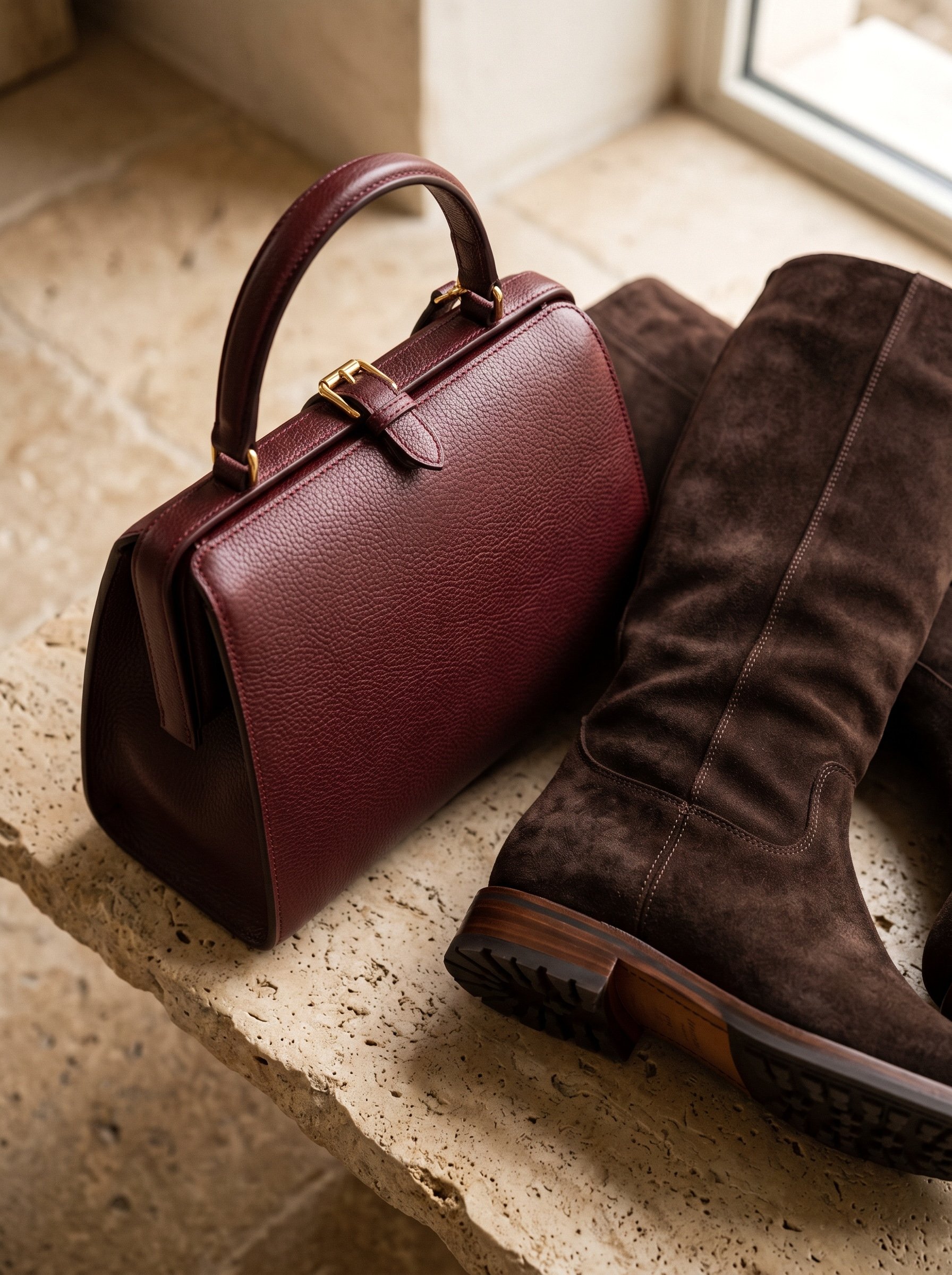 oxblood leather top-handle bag resting next to dark chocolate suede knee-high boots