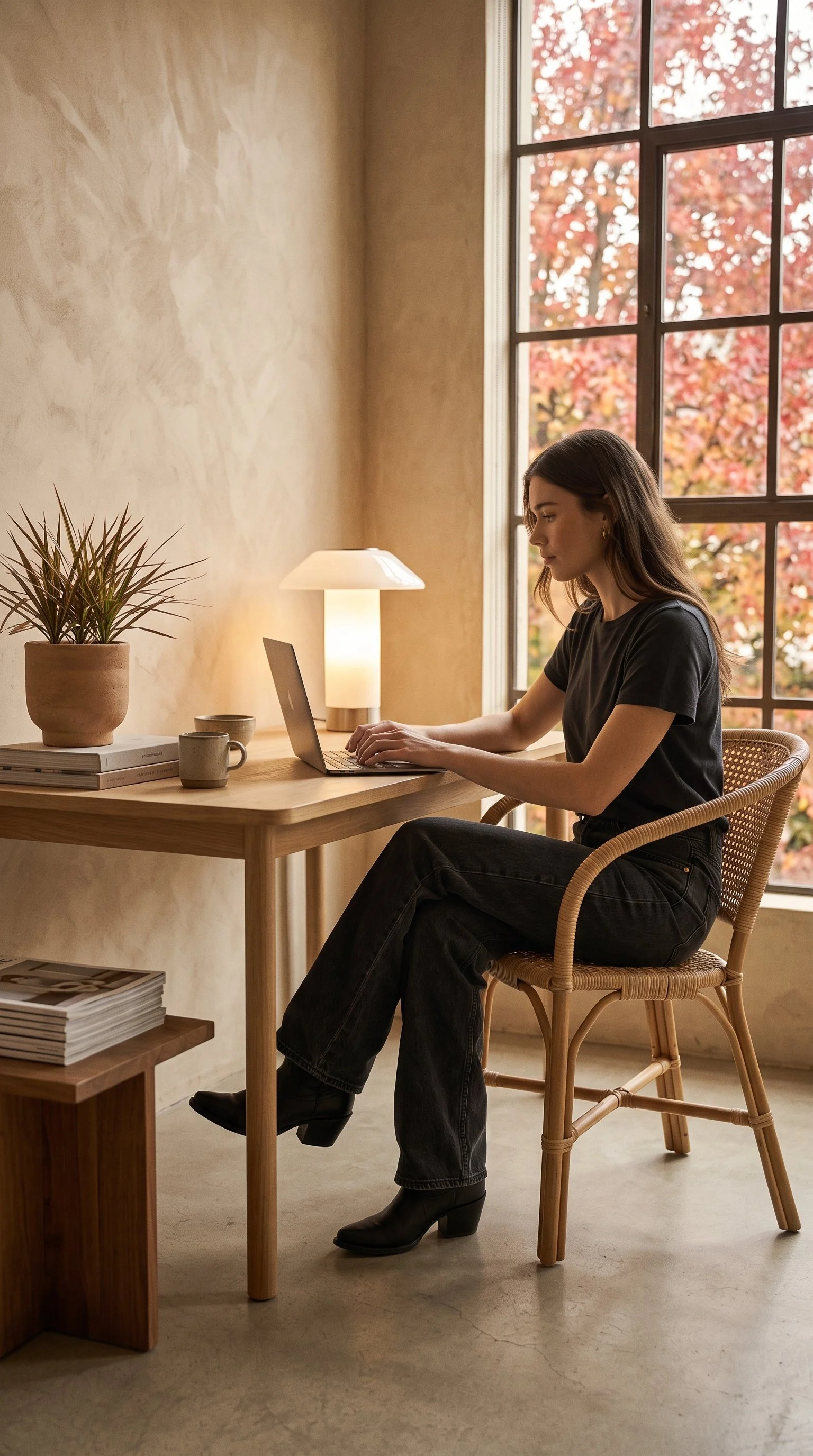 A woman is sitting at a minimalist light wood desk, working on a laptop. She is seated in a natural woven rattan chair and is wearing black leather cowgirl boots.