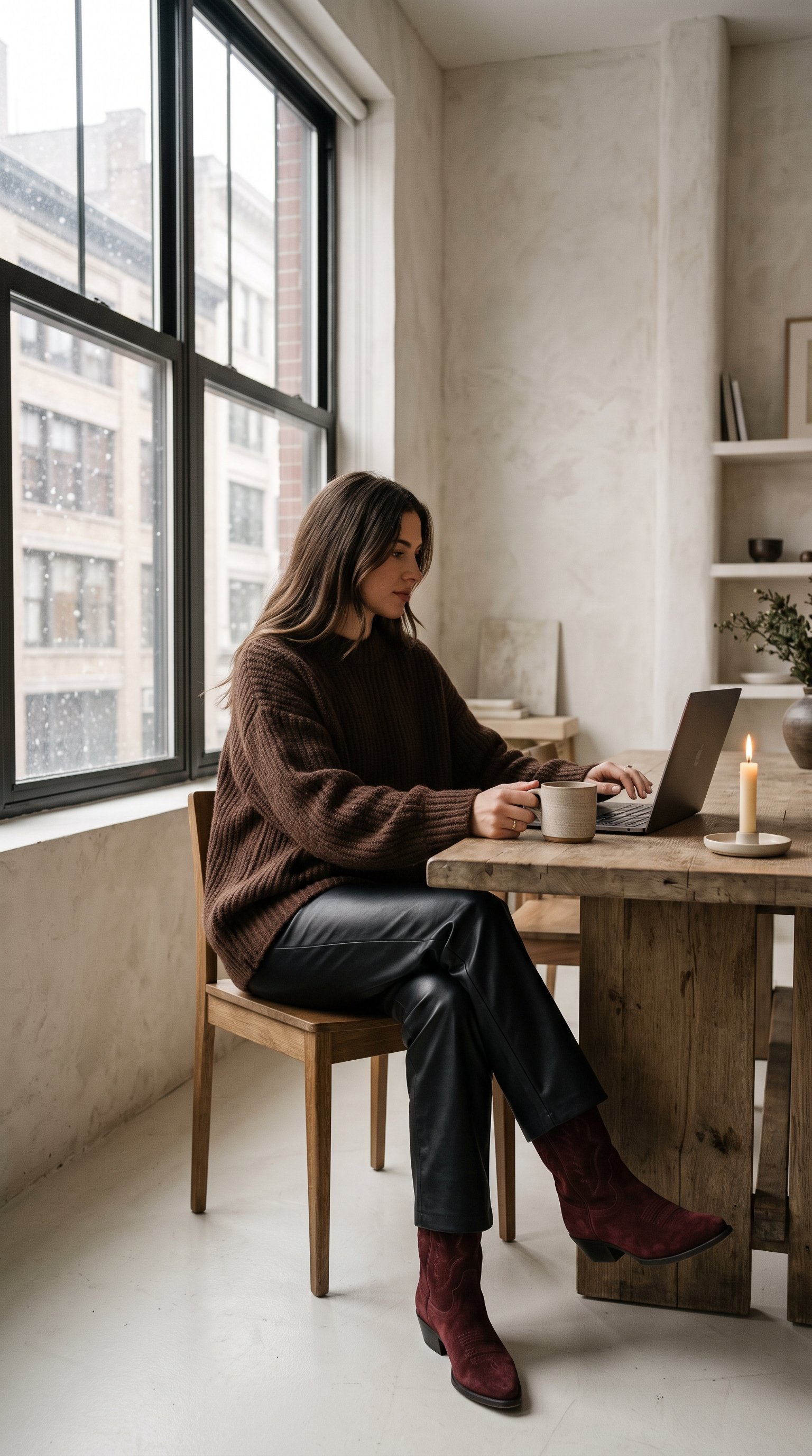 A woman in a warm, minimalist New York studio with textured limewash walls. She wears a heavy chocolate cashmere knit, matte black leather trousers, and deep oxblood suede cowboy boots.