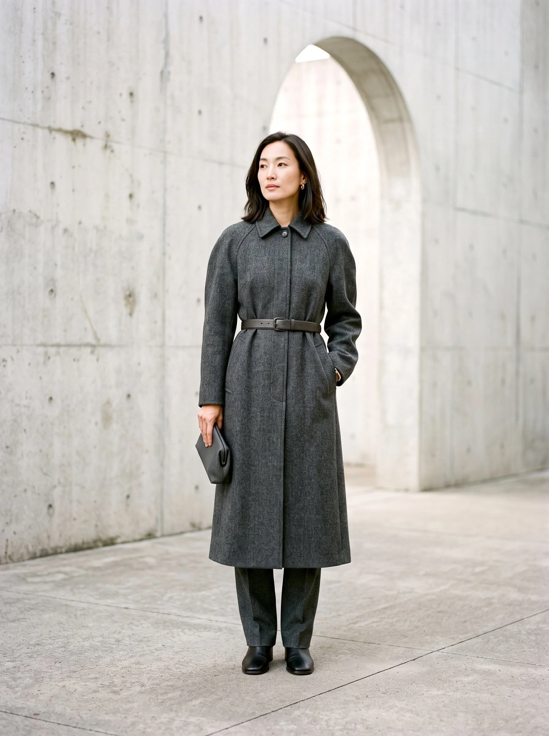 charcoal grey coat-dress with a narrow belted waist