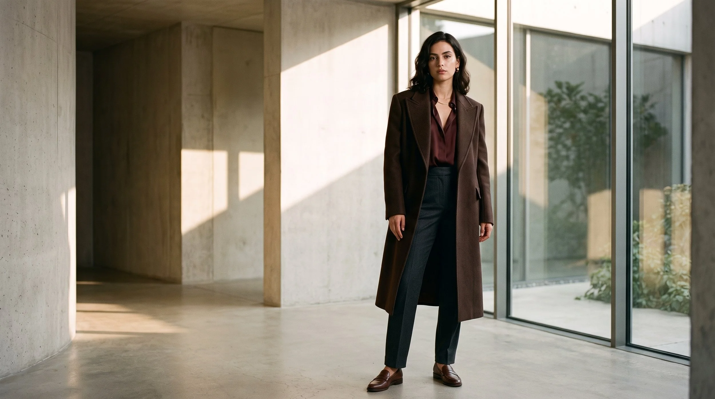 A woman is wearing an impeccably tailored, structured dark chocolate heavy wool overcoat paired with a fluid, deep burgundy silk blouse