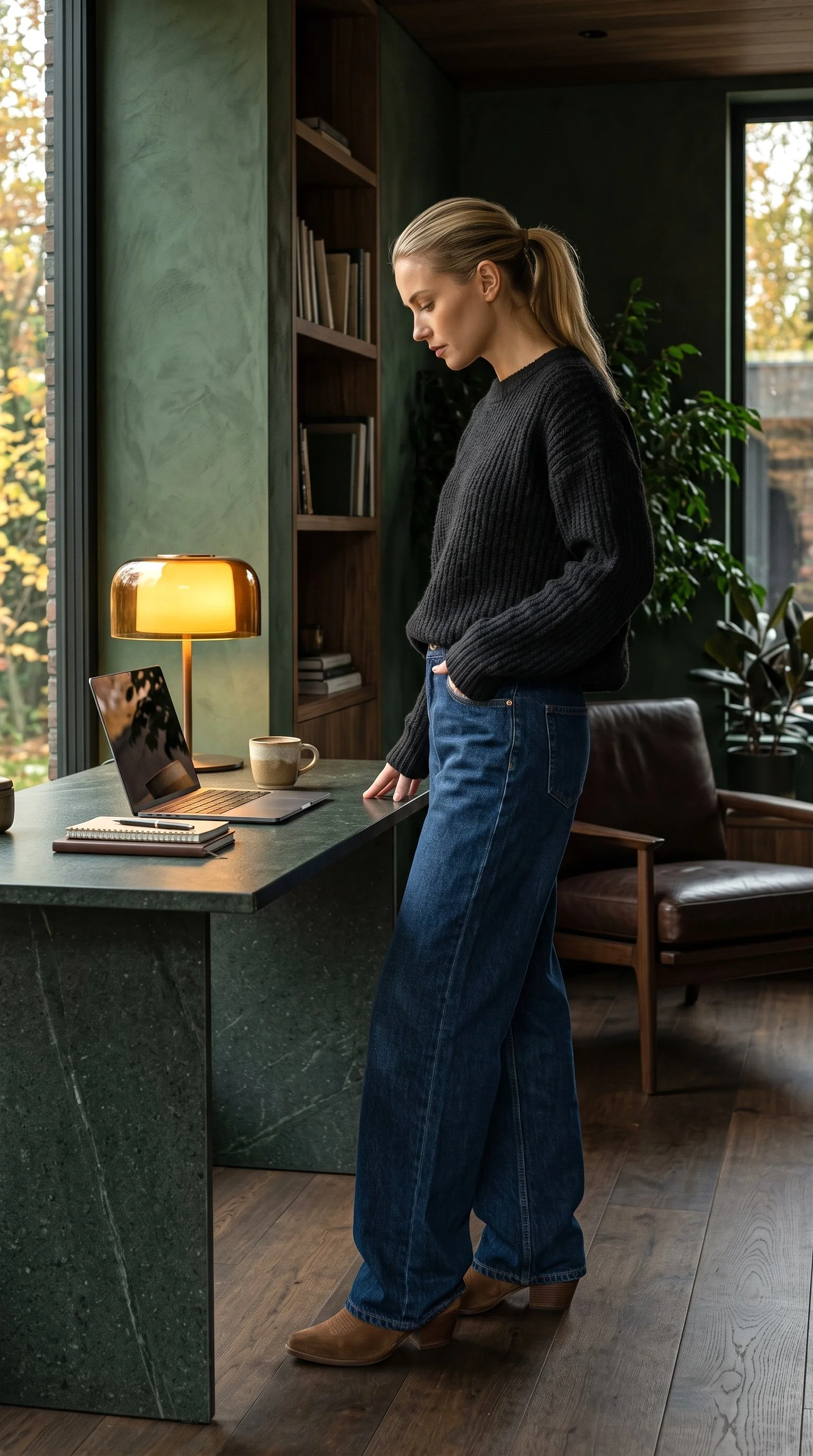 A woman stands beside a minimalist table, wearing brown suede cowgirl boots.