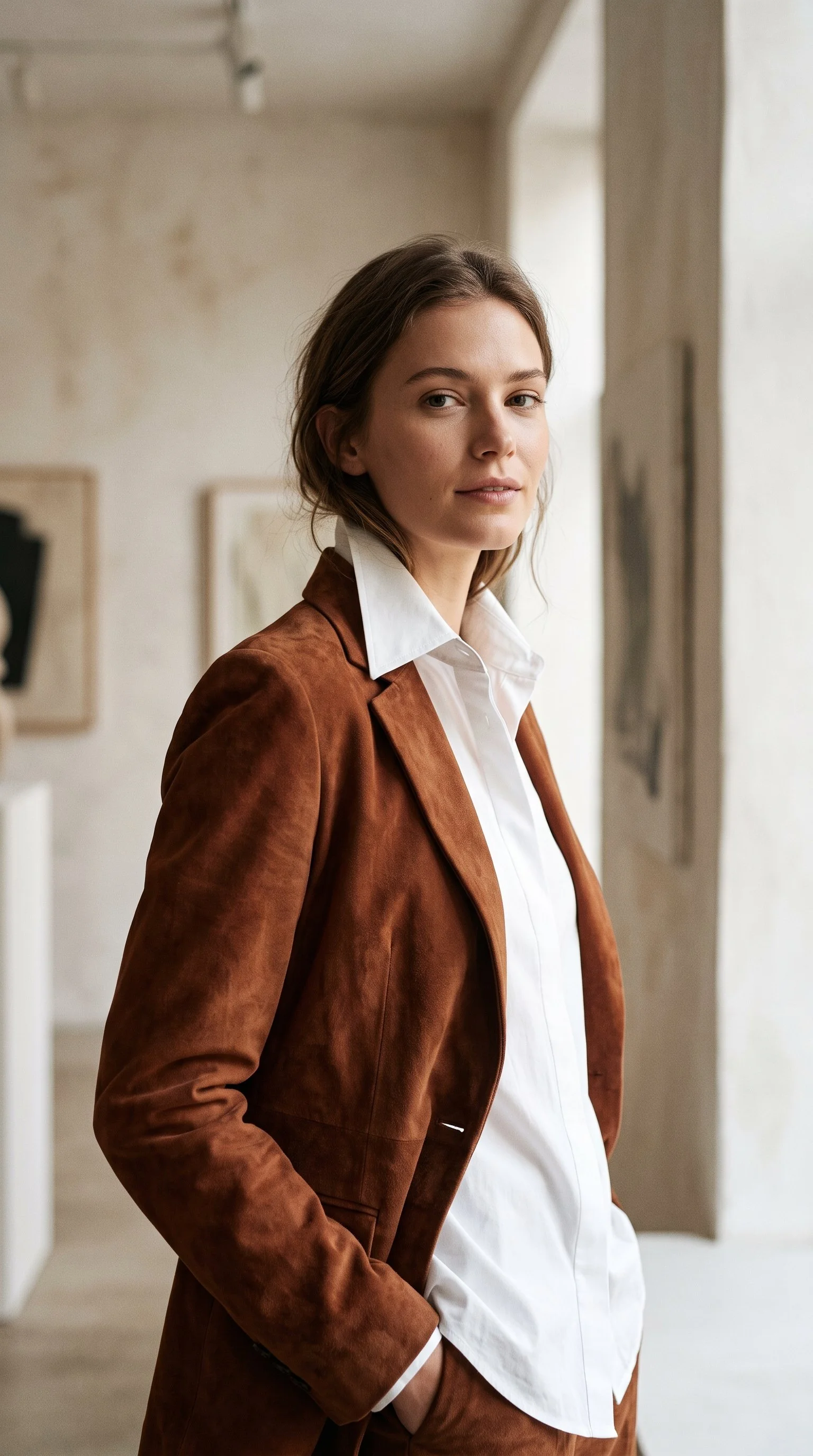A woman is wearing a rust-coloured suede jacket
