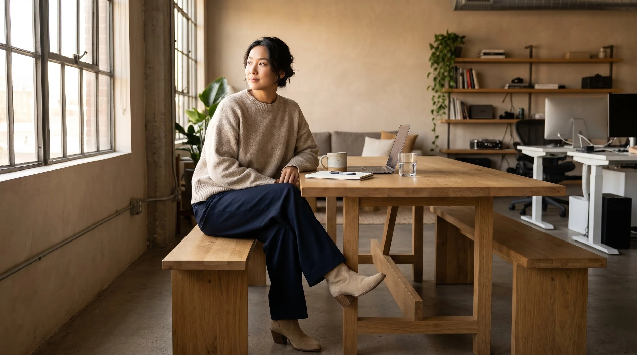 A Japanese female startup entrepreneur in an unhurried morning setting at her startup’s office, with her relaxed trousers worn over the beige suede cowboy boots