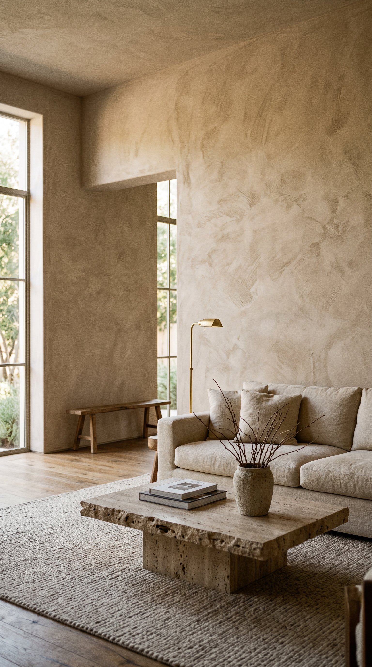 A minimalist living room with lime wash and a trowel-finished look