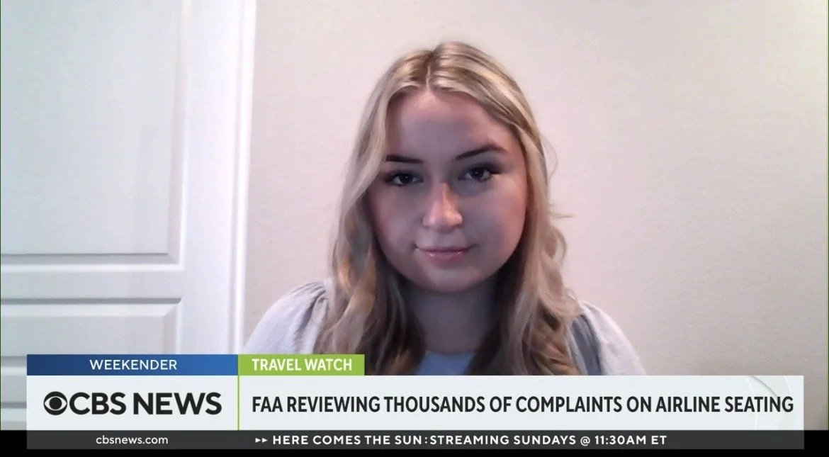 News segment on CBS News about FAA reviewing complaints on airline seating, featuring Alexandra Skores.