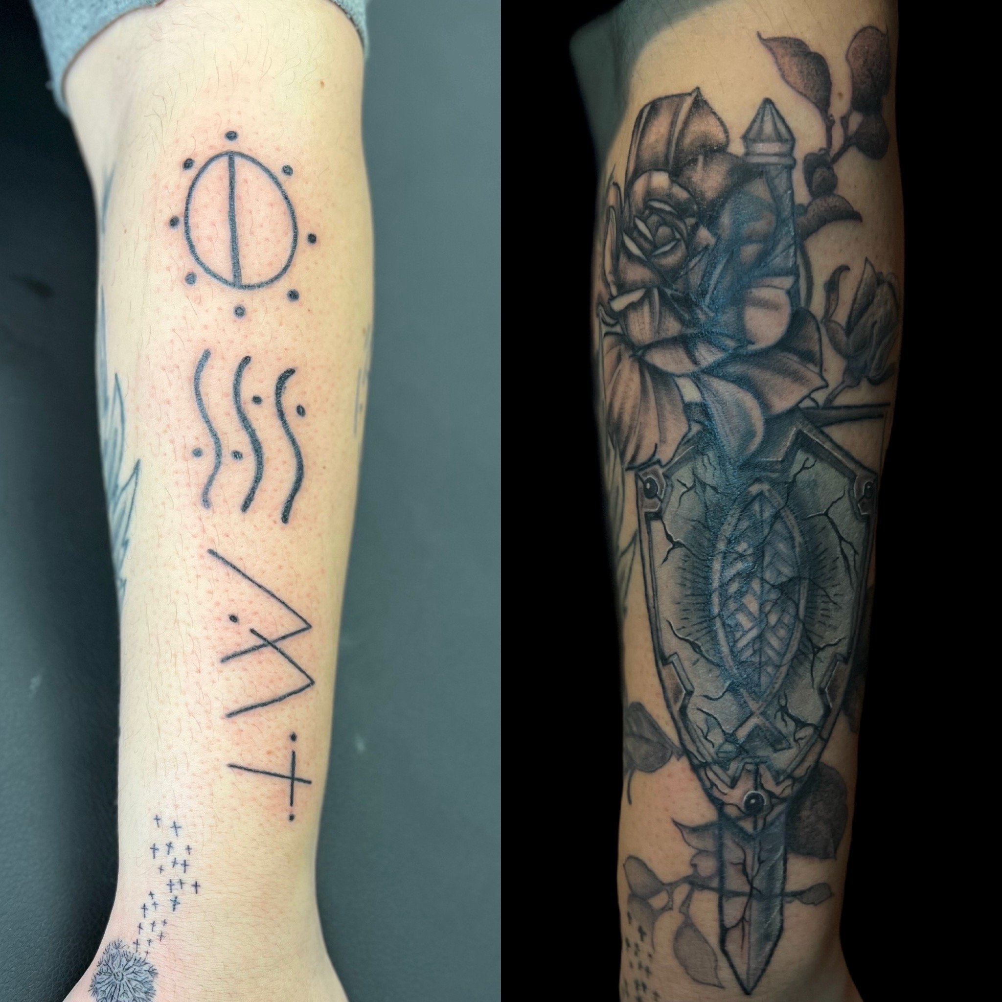 Black and grey cover-up, forearm