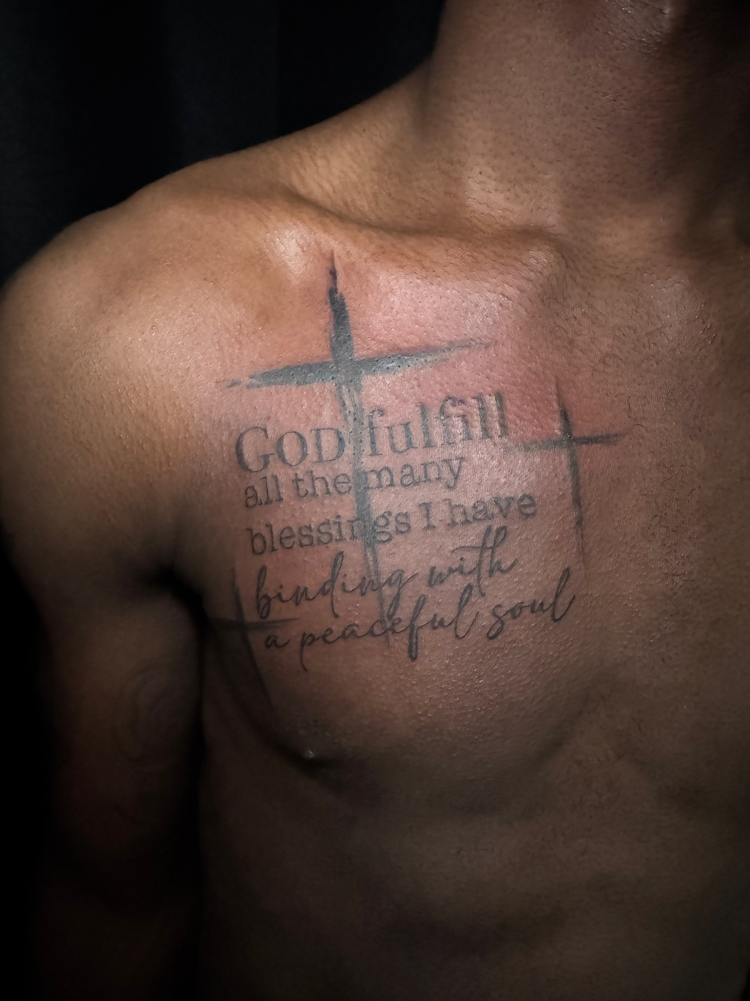 Black and grey lettering, chest (pectoral)