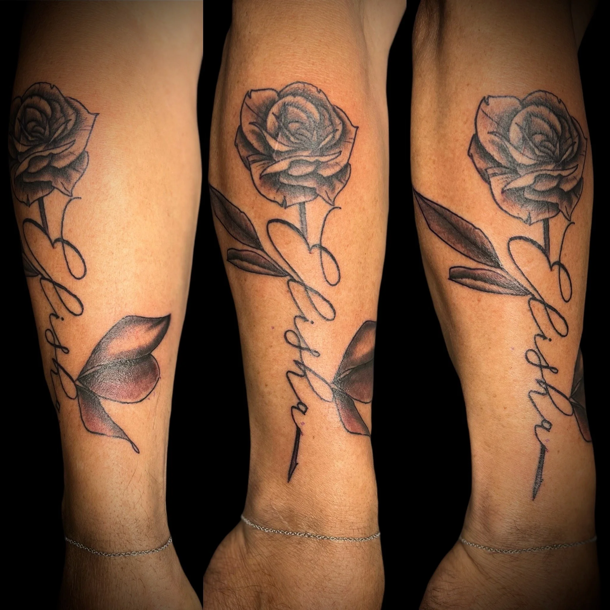 Black and Grey illustrative Rose with name, forearm