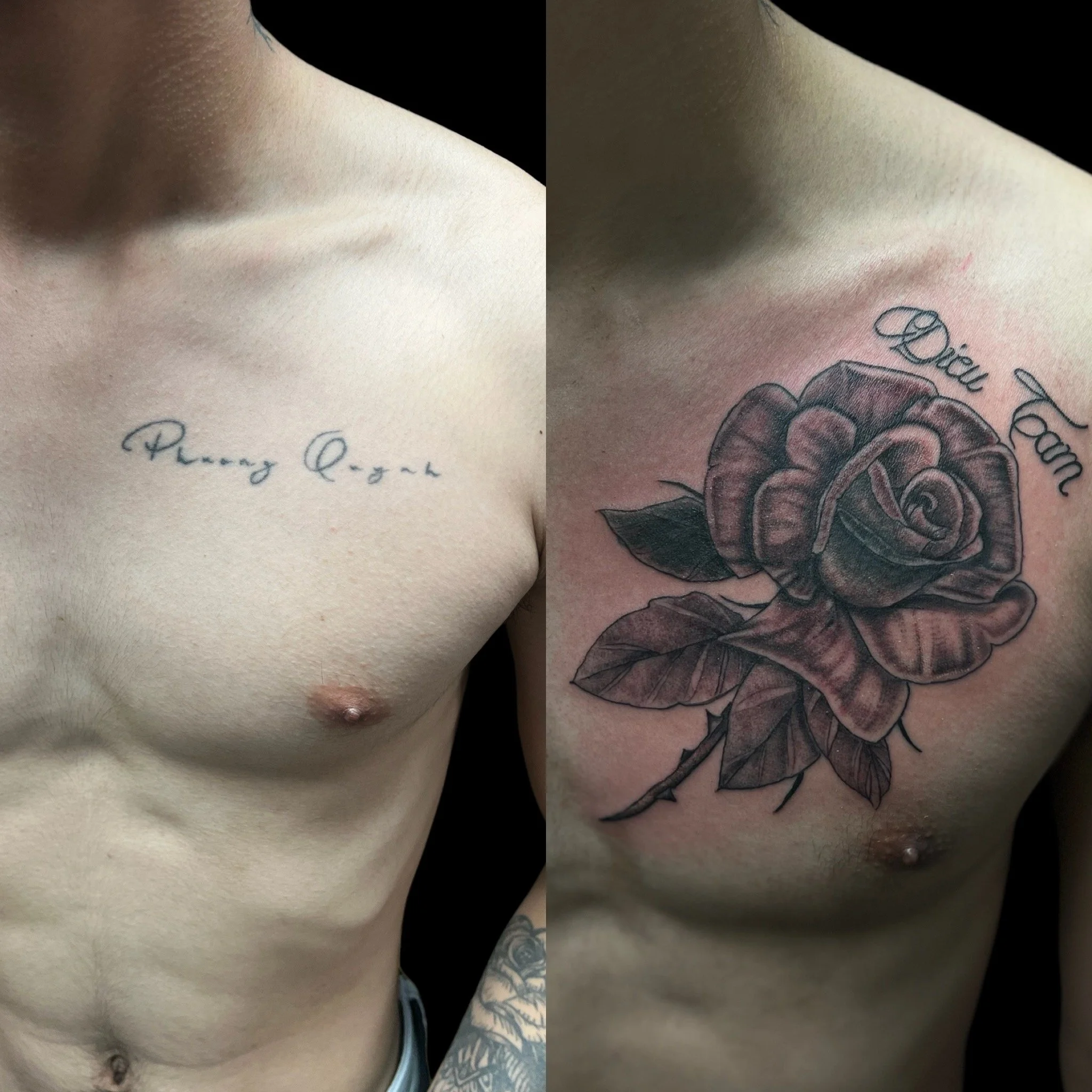 Black and grey rose cover-up, chest