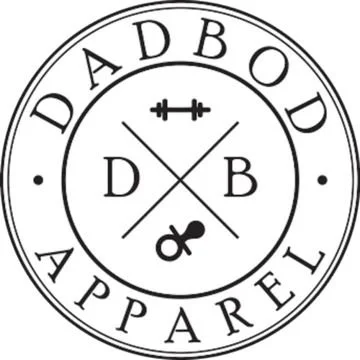 A circular logo with the words 'Dadbod Apparel' around the outer edge. Inside, there are icons of a barbell, a key, and crossed lines forming an 'X' with the letters 'D' and 'B' on either side.