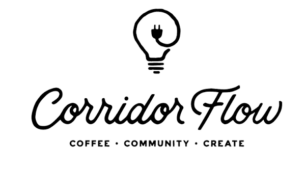 Logo for Corridor Flow featuring a light bulb with a power plug inside and the words "Corridor Flow" with the tagline "Coffee, Community, Create"