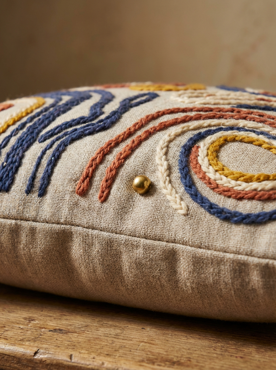 Close-up of a decorative embroidered pillow with colorful thread patterns and a gold pin on beige fabric, resting on a wooden surface.