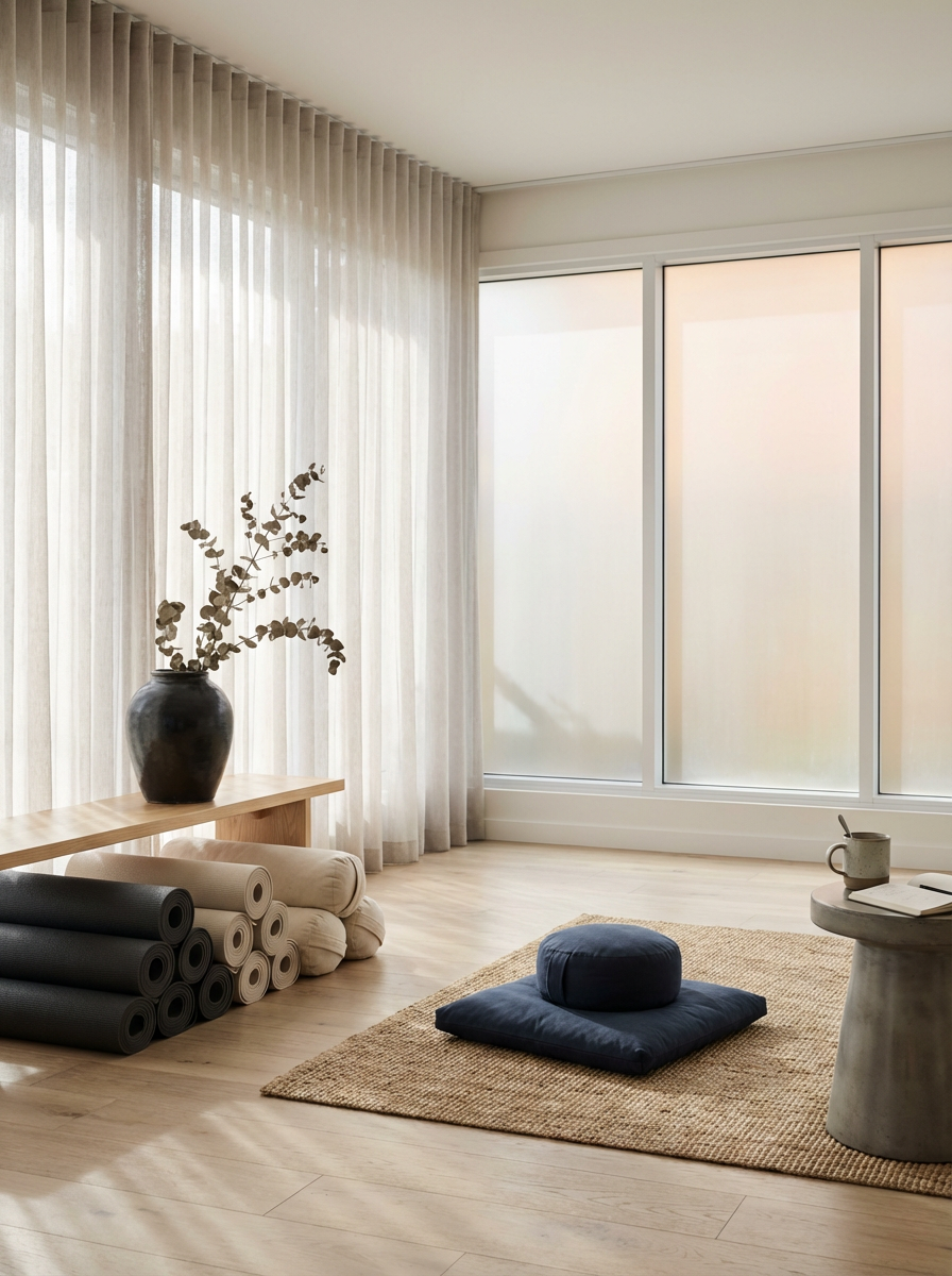 A minimalistic room with wooden floors and large frosted glass windows. There are black and beige rolled yoga mats stacked on a wooden bench, a potted plant with dried branches, a small round concrete side table with a mug and open book, and a low cushion with a round pillow on a woven rug.