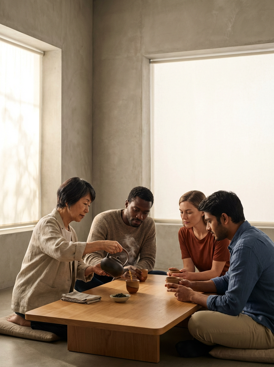 A woman serving tea to three people seated at a low wooden table in a minimalist room with large windows.