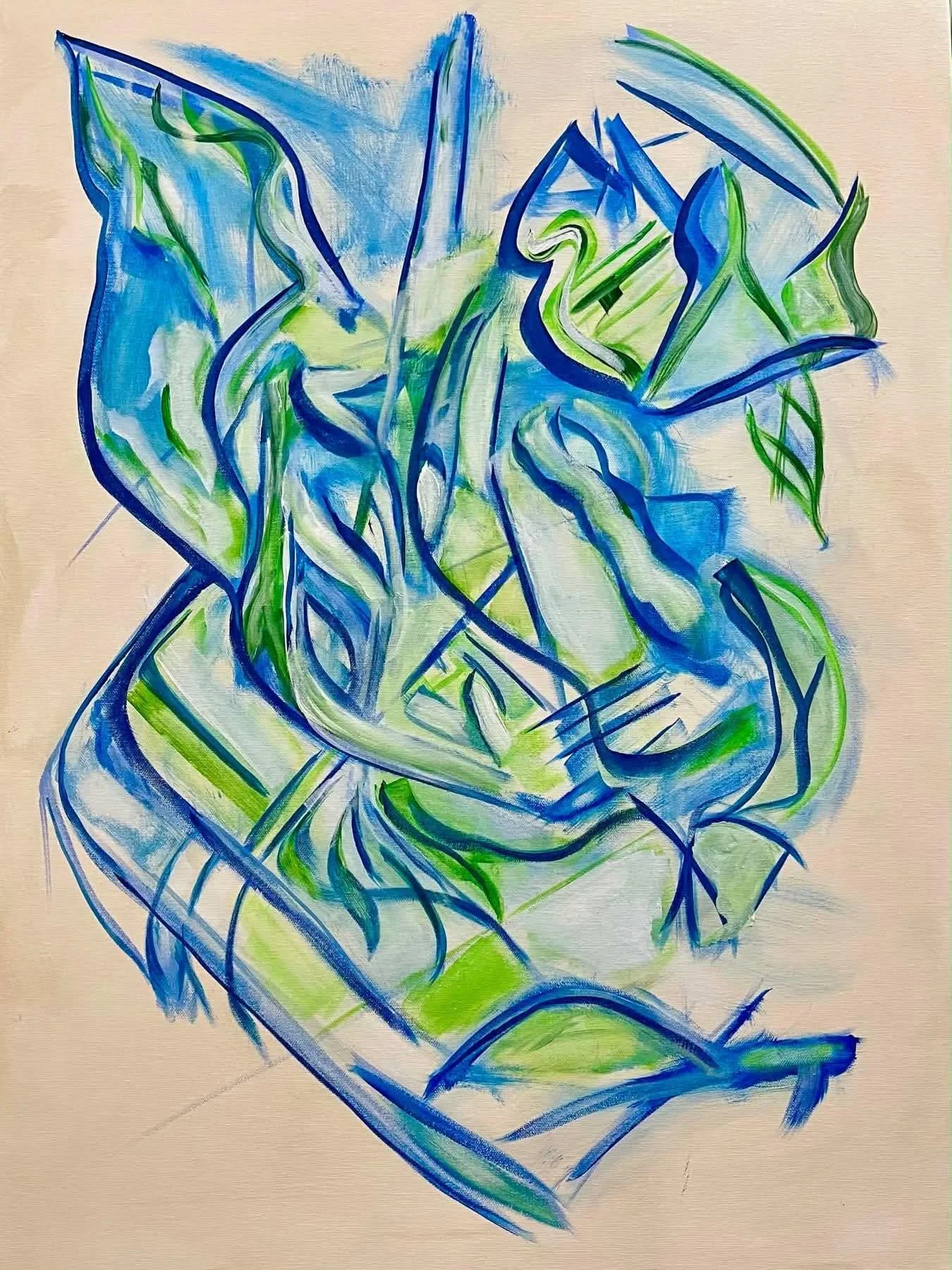 Blue and green figurative painting by James Kenton Pierce with layered gestural forms.